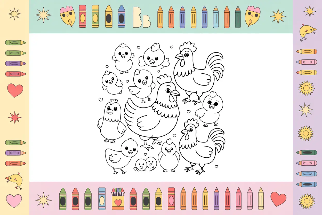 Collection of free printable chicken coloring pages featuring baby chicks, hens, and roosters for kids