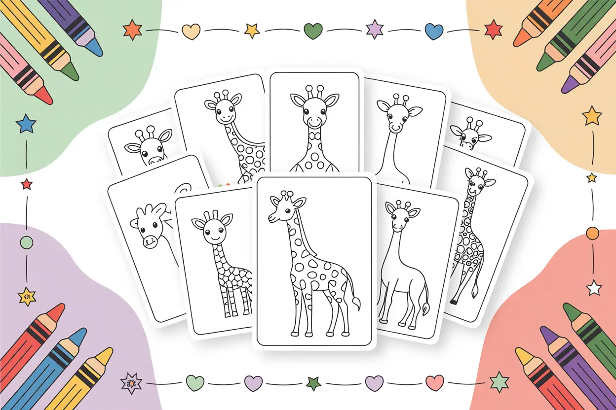 Collection of free printable giraffe coloring pages showing various styles from simple to realistic designs for kids and adults
