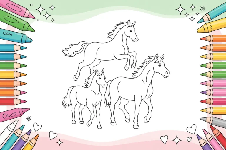 Collection of free printable horse coloring pages featuring various horse designs for kids and adults