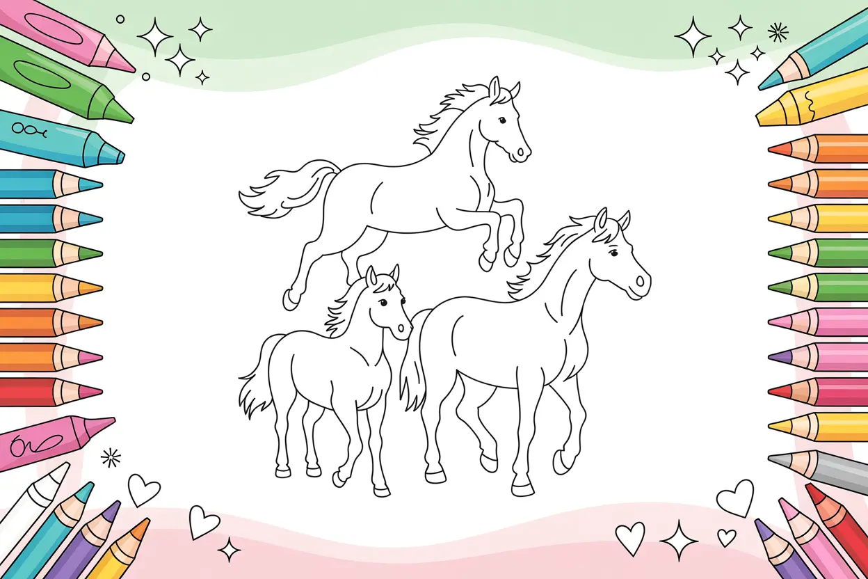 Collection of free printable horse coloring pages featuring various horse designs for kids and adults