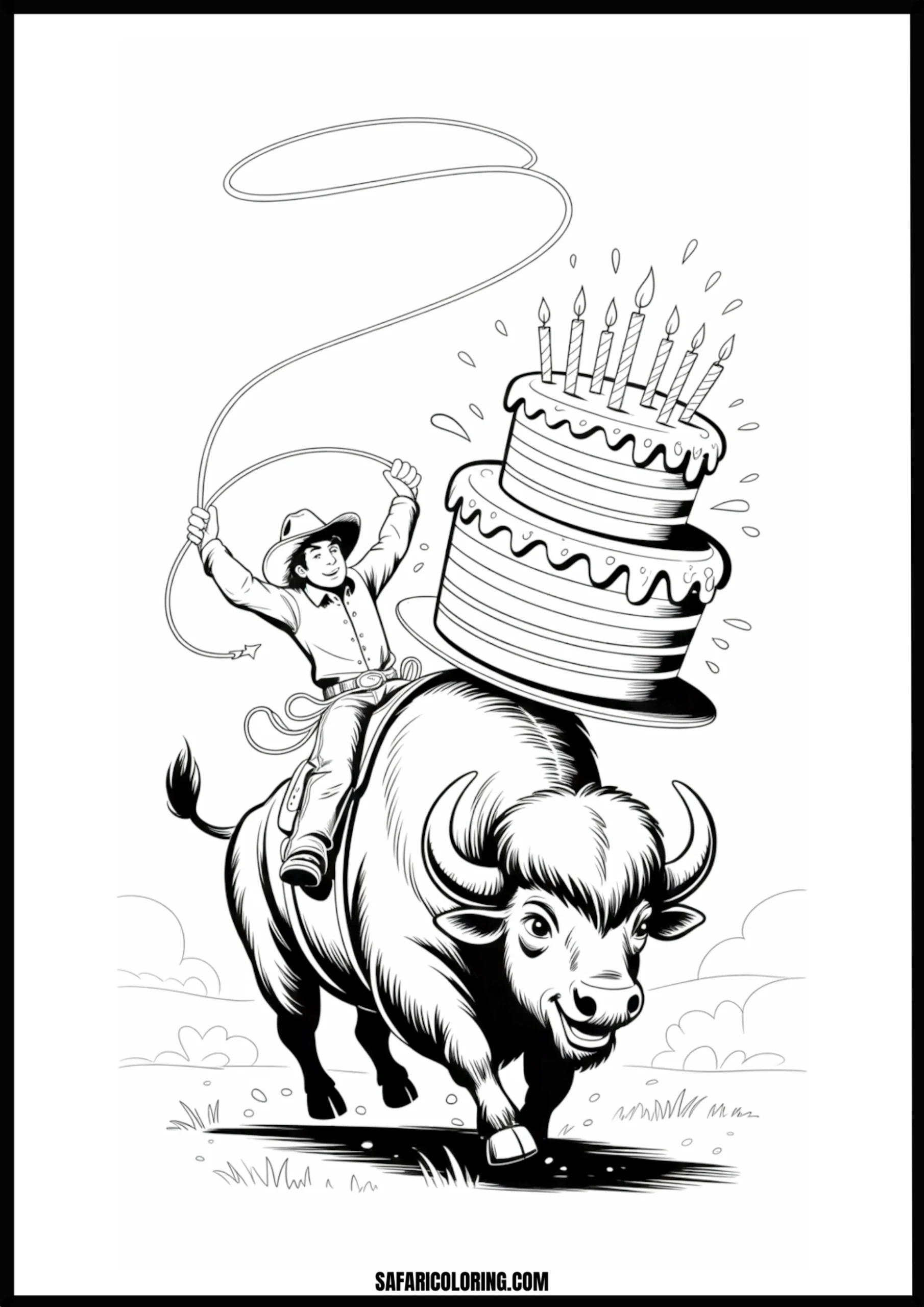 Cowboy riding a buffalo holding a birthday cake coloring page