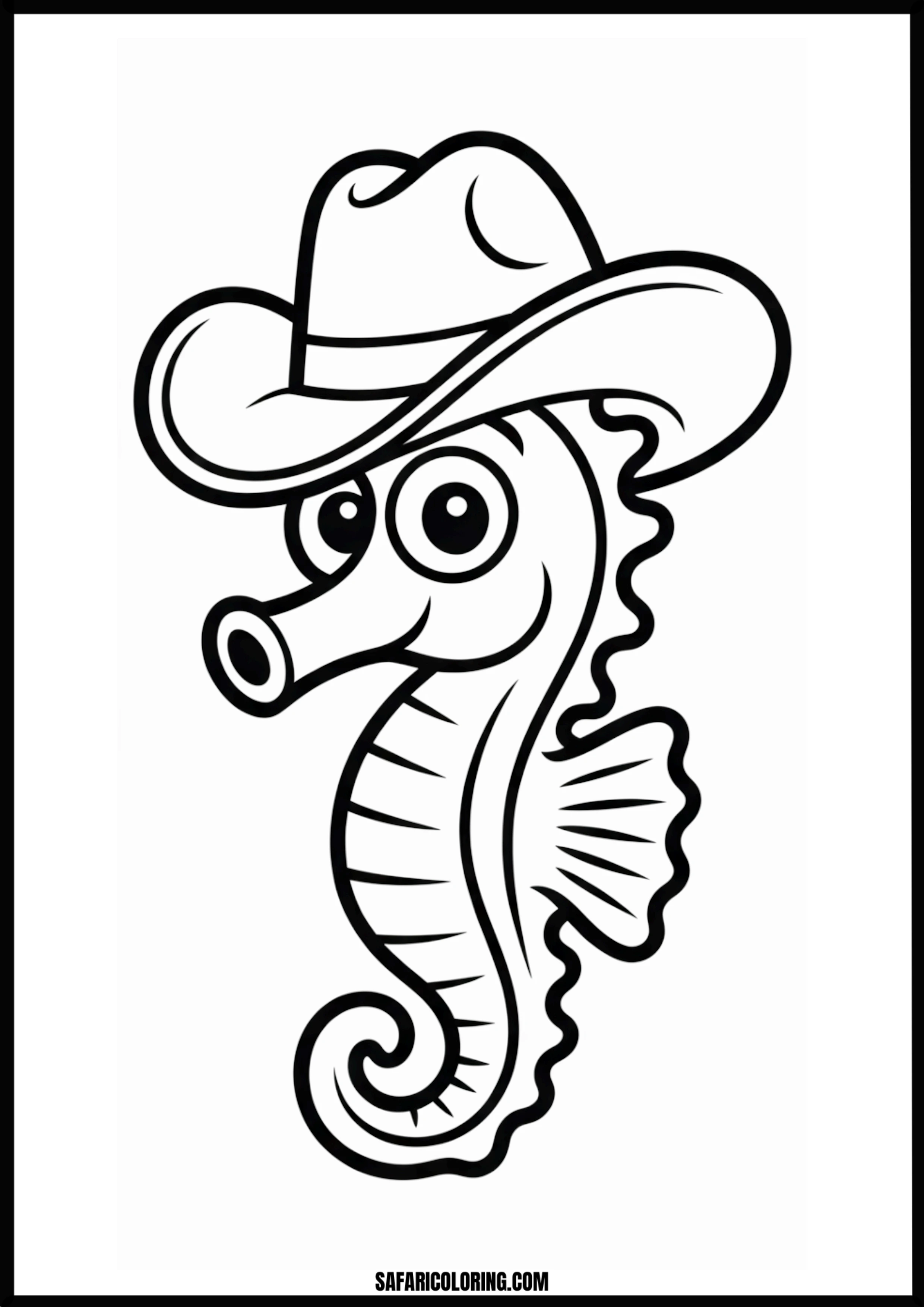Printable Cowboy Seahorse Activity Coloring page of a seahorse wearing a cowboy hat and bandana.