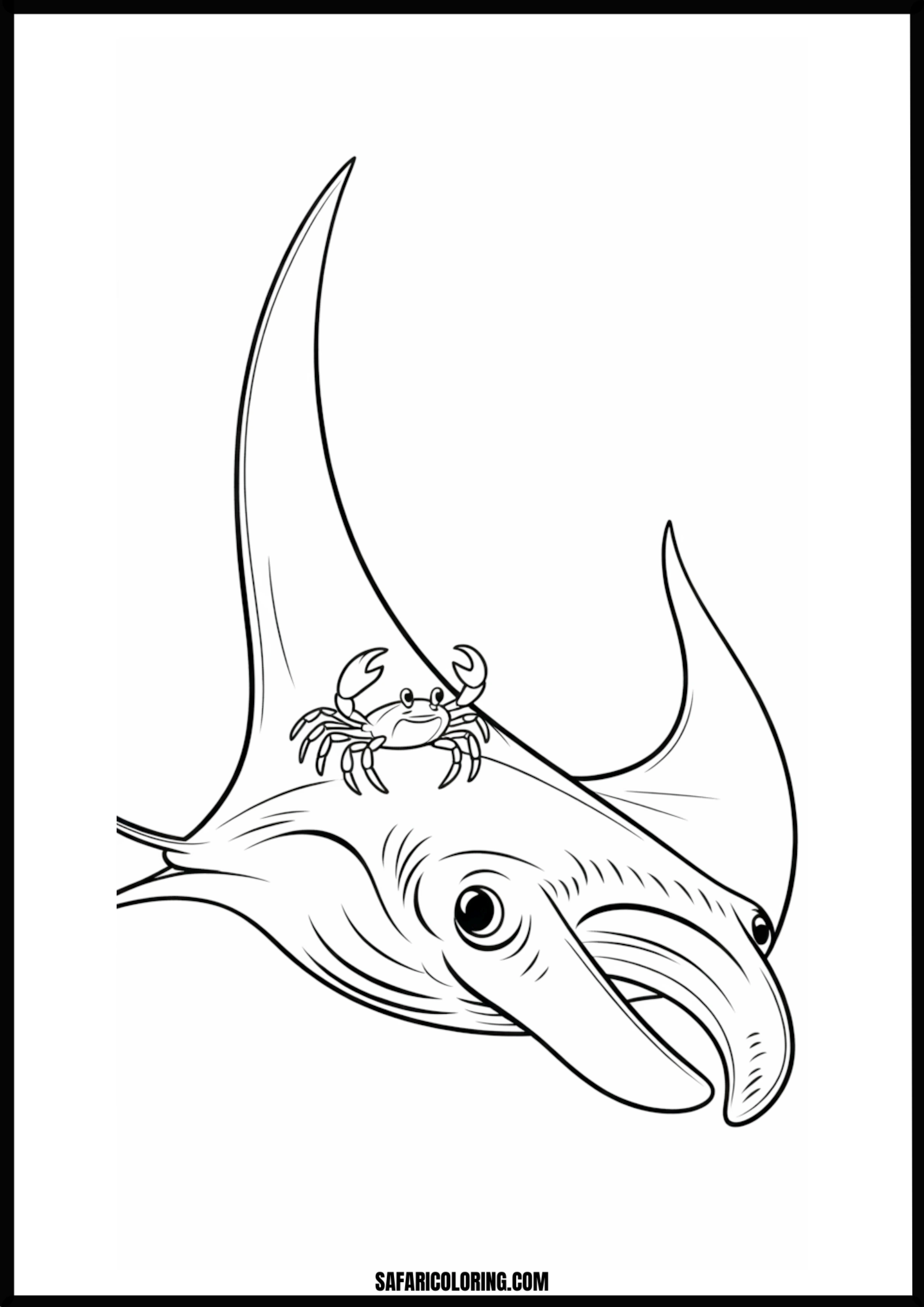 Manta Ray Crab Adventure A small crab riding on the back of a large manta ray underwater.