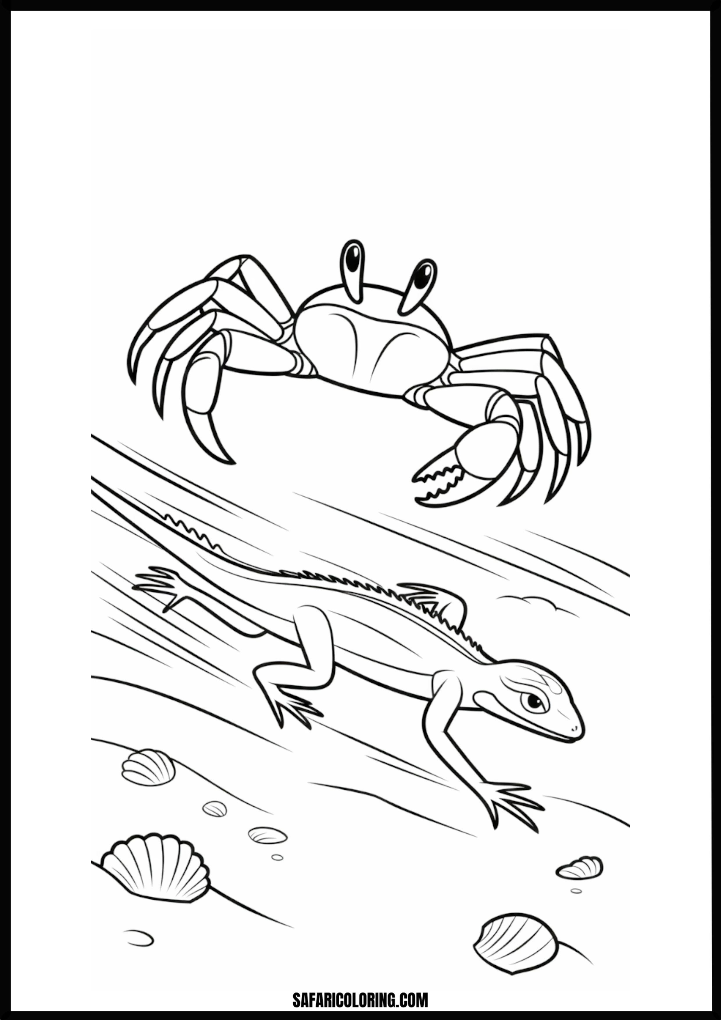 Beach Friends Crab & Lizard A crab and a lizard interacting on a sandy beach.