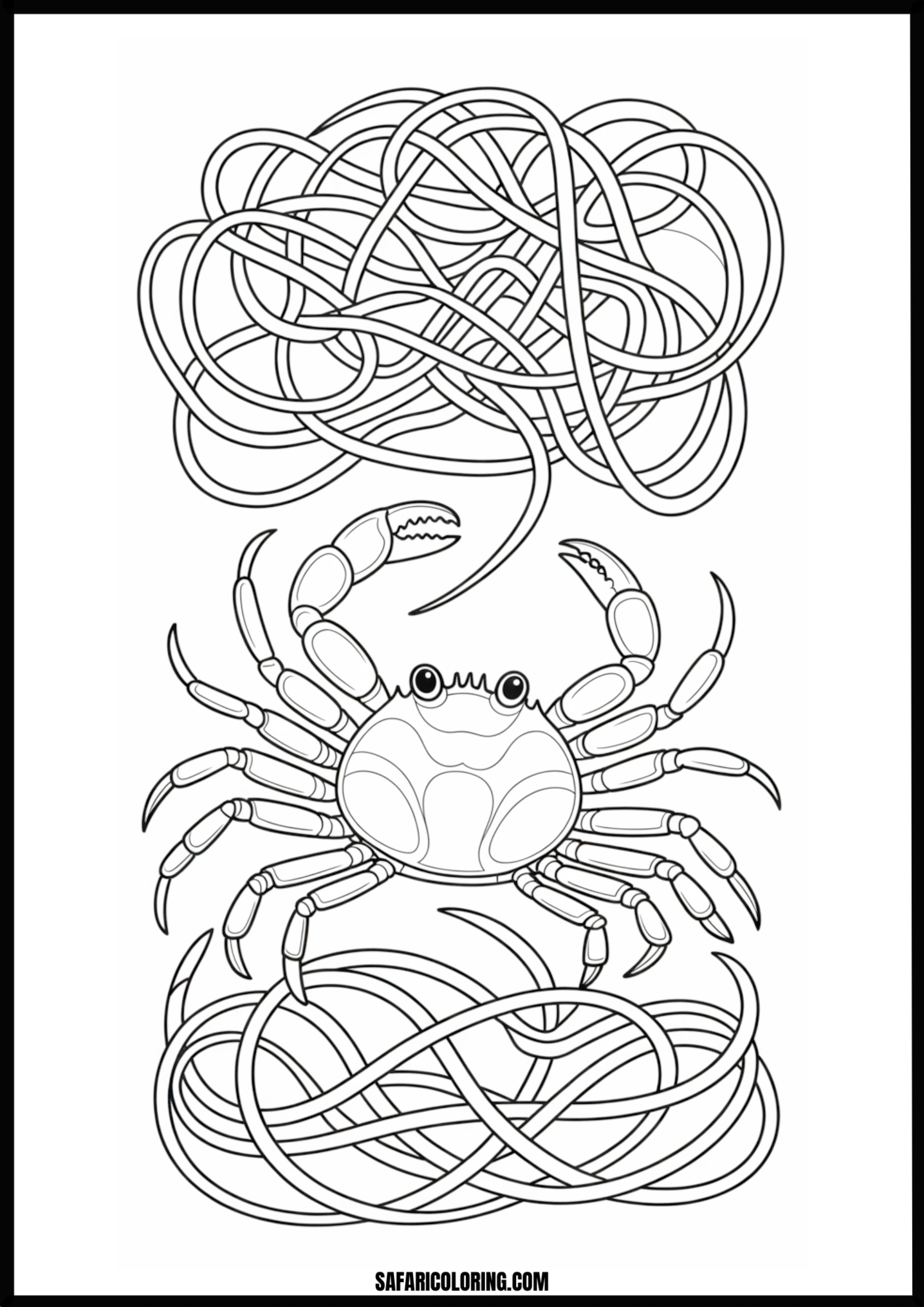 Underwater Crab and Seaweed A crab surrounded by a tangle of flowing seaweed.