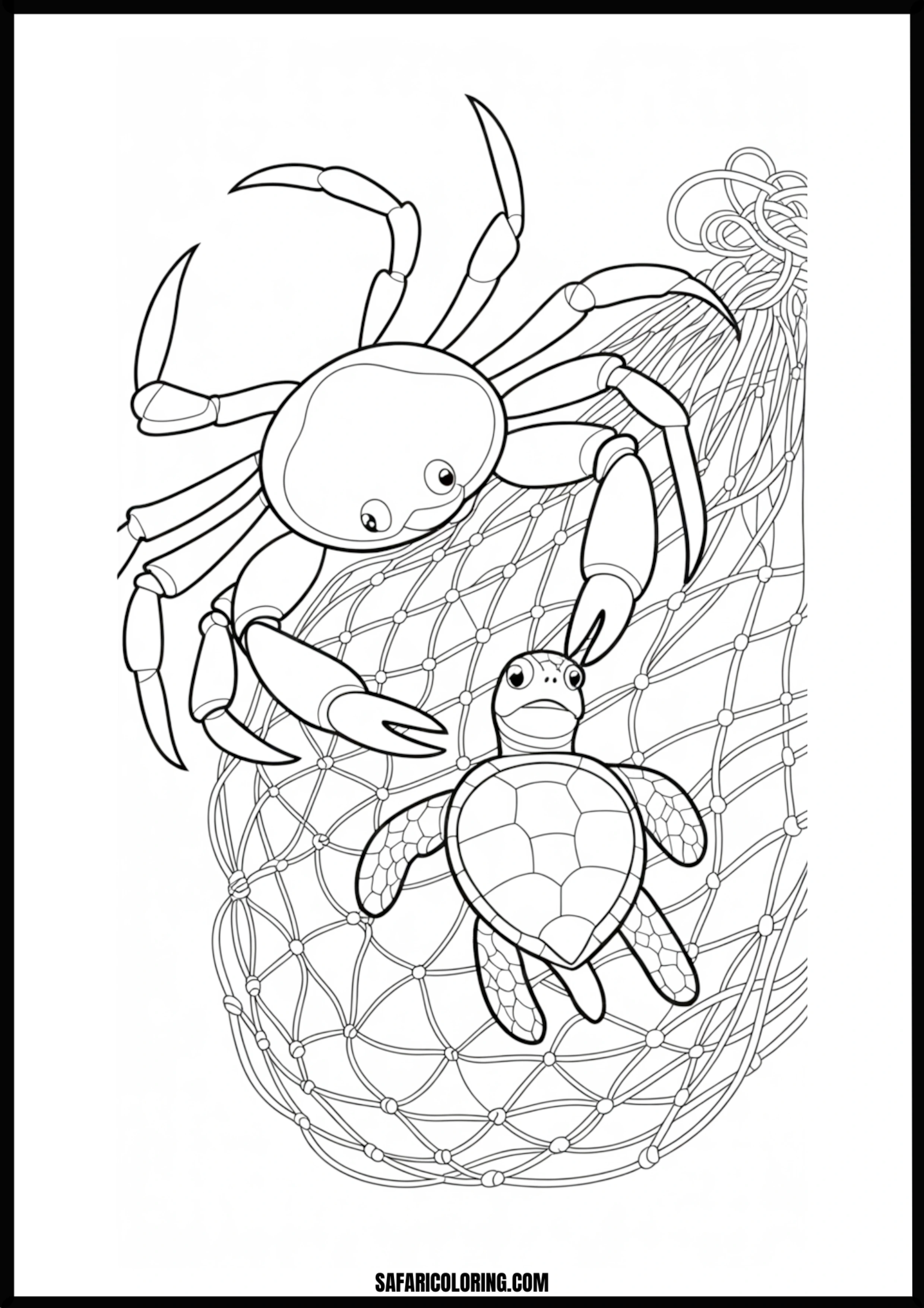 Ocean Rescue Coloring Page A crab and a sea turtle tangled together in a fishing net, depicting a rescue scenario.