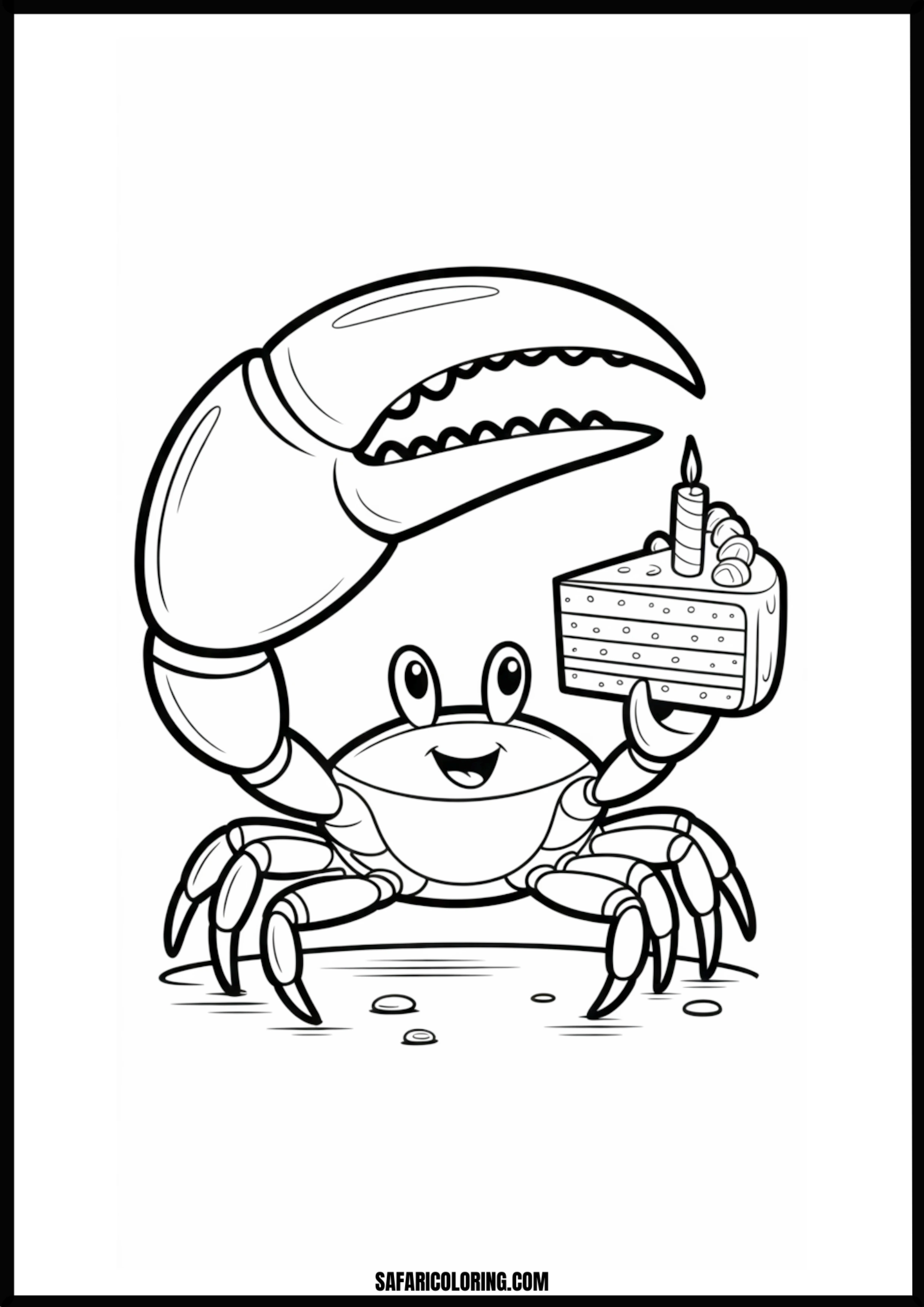 Birthday Crab Celebration A crab standing next to a decorated birthday cake with candles.