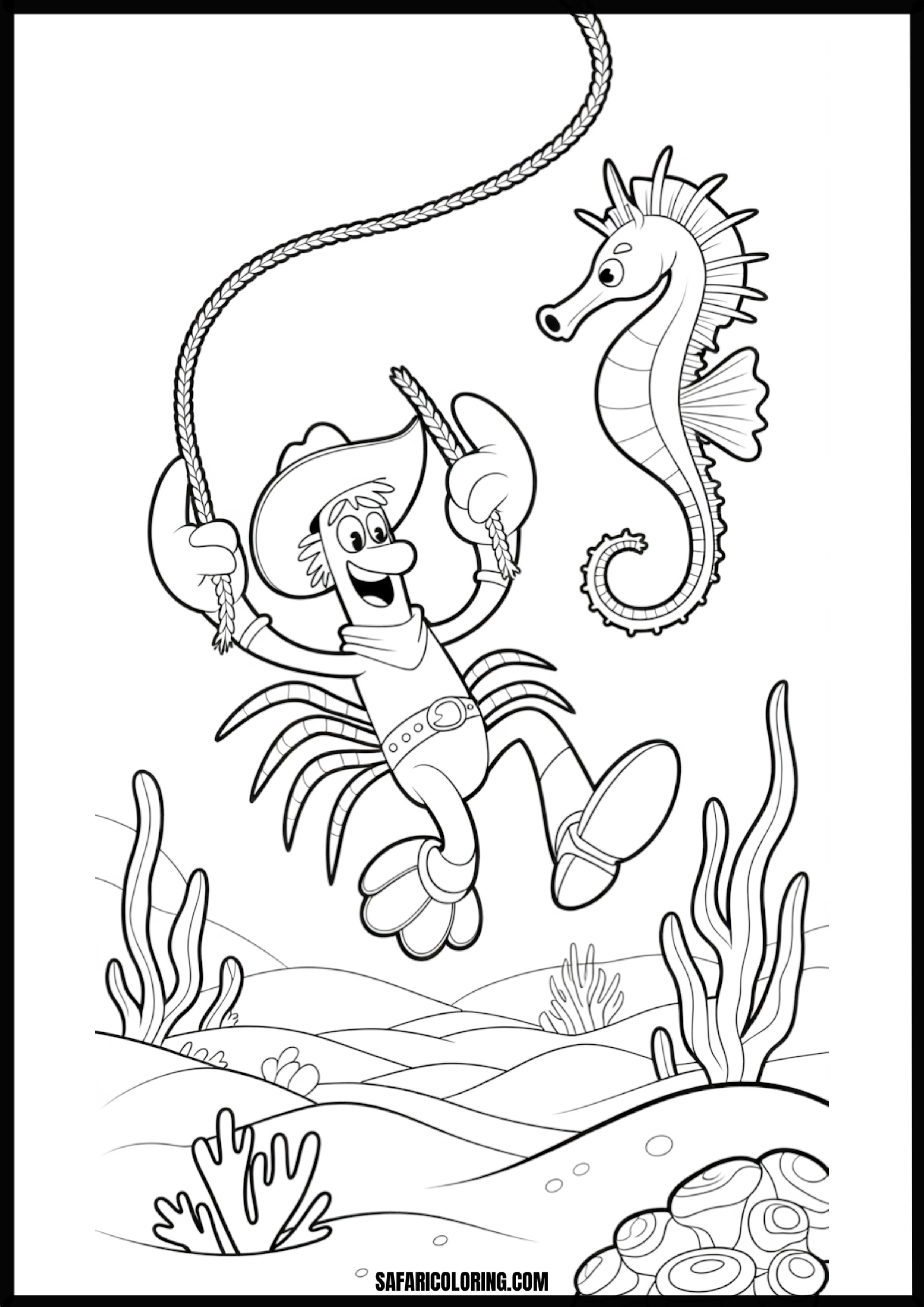 Color the Crab Cowboy Underwater A cartoon crab cowboy swinging a lasso underwater with a seahorse.