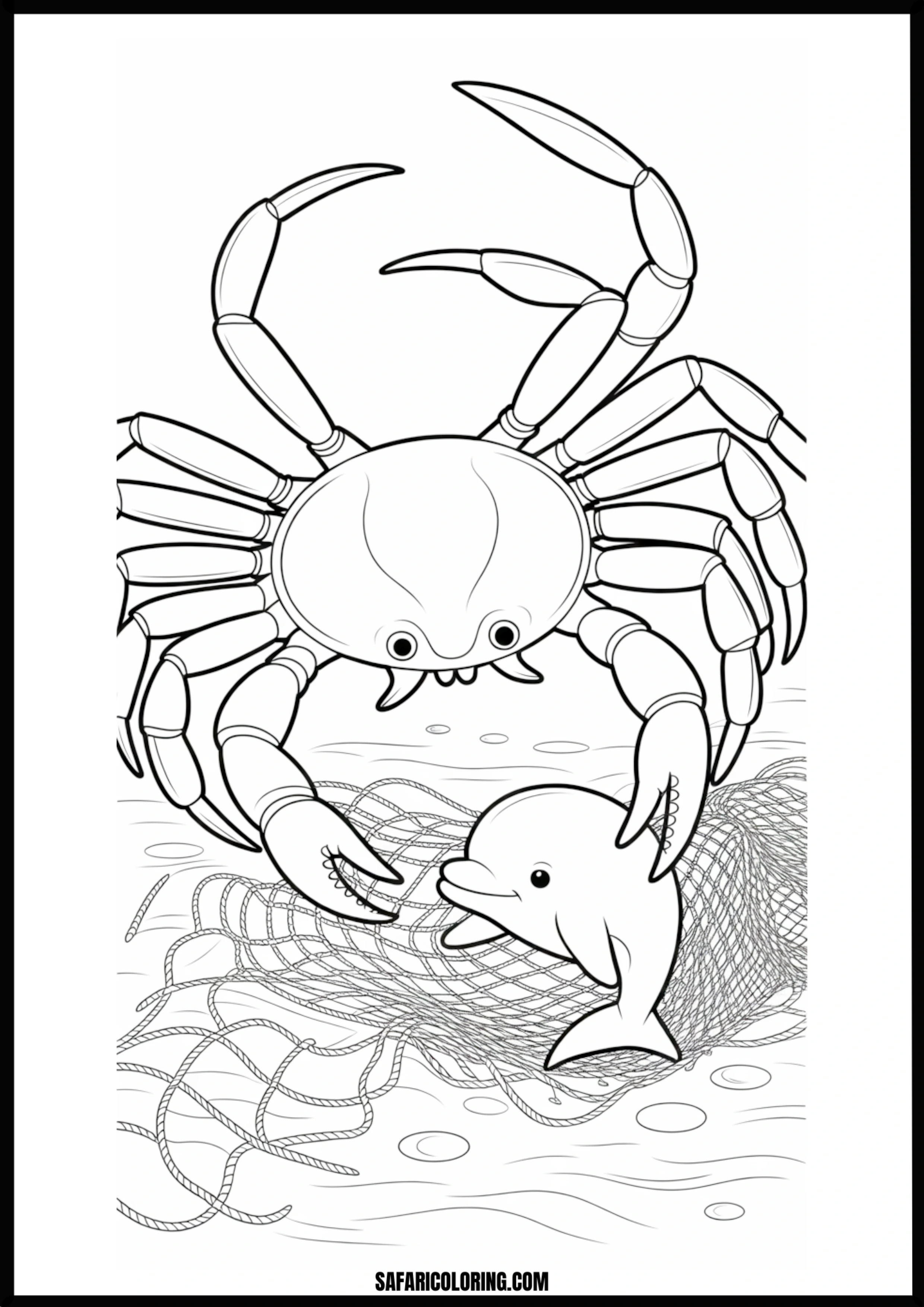 Ocean Heroes Coloring Page A brave crab helping a dolphin escape from a fishing net.