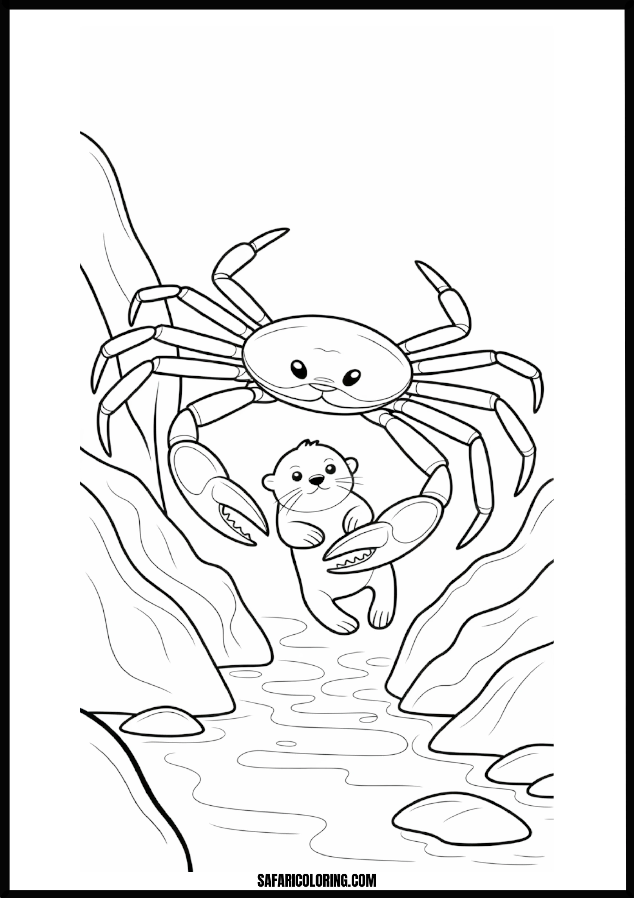 Unlikely Friends by Stream A crab holding a small otter next to a stream or riverbank.