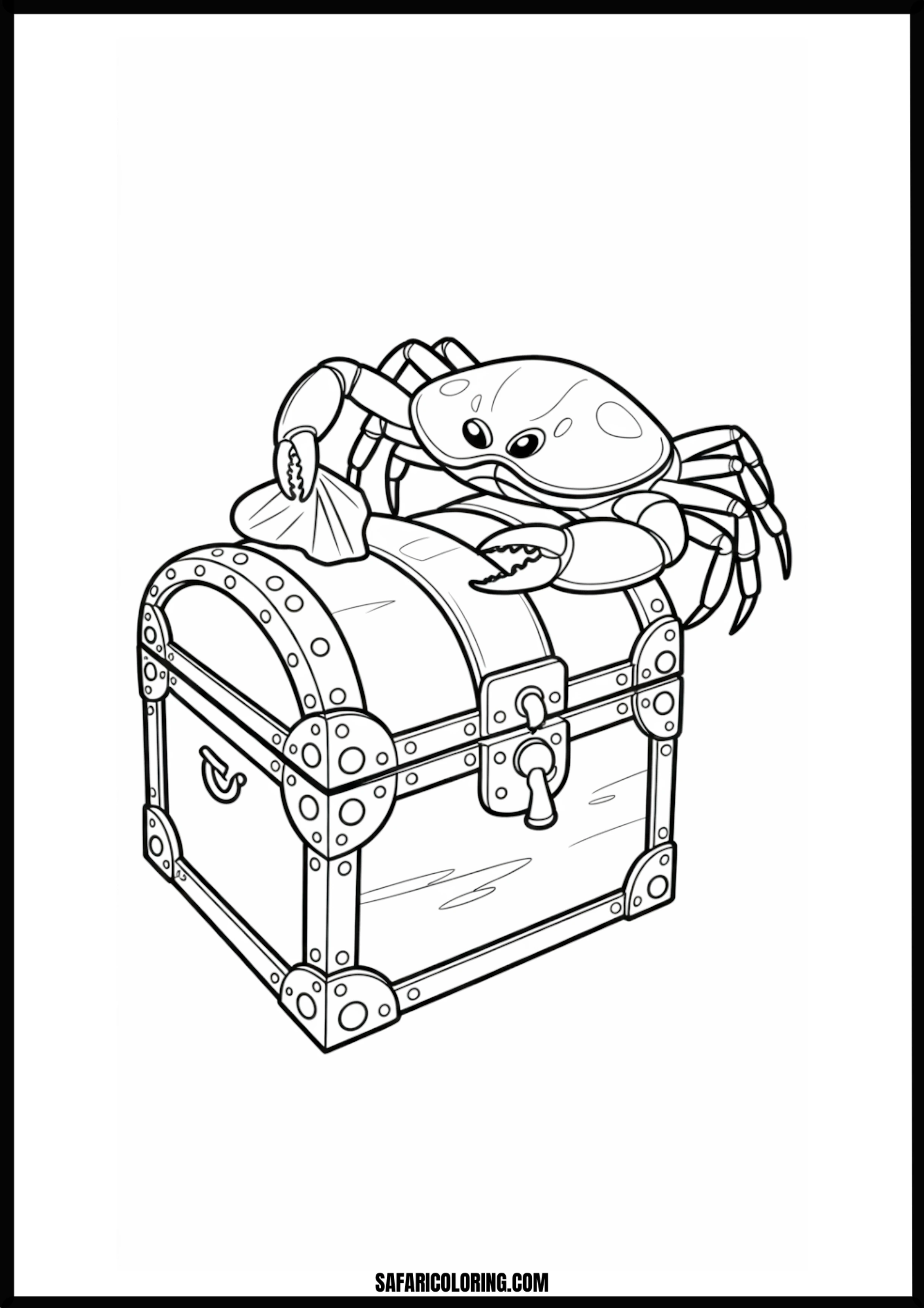Crab's Treasure Discovery A crab sitting on a treasure chest, holding a decorative seashell.