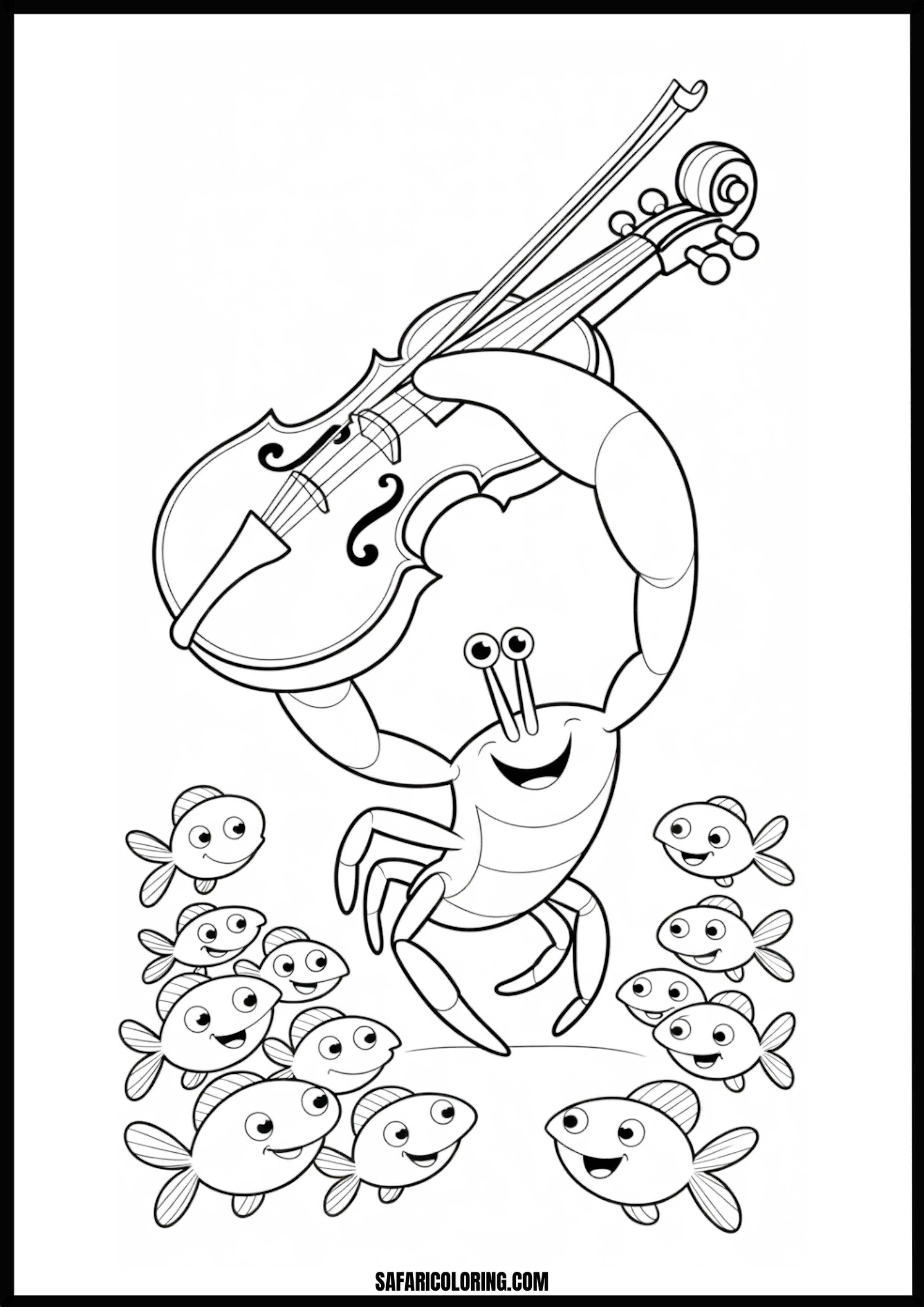 Underwater Concert Crab A cartoon crab playing a violin to an audience of fish underwater.