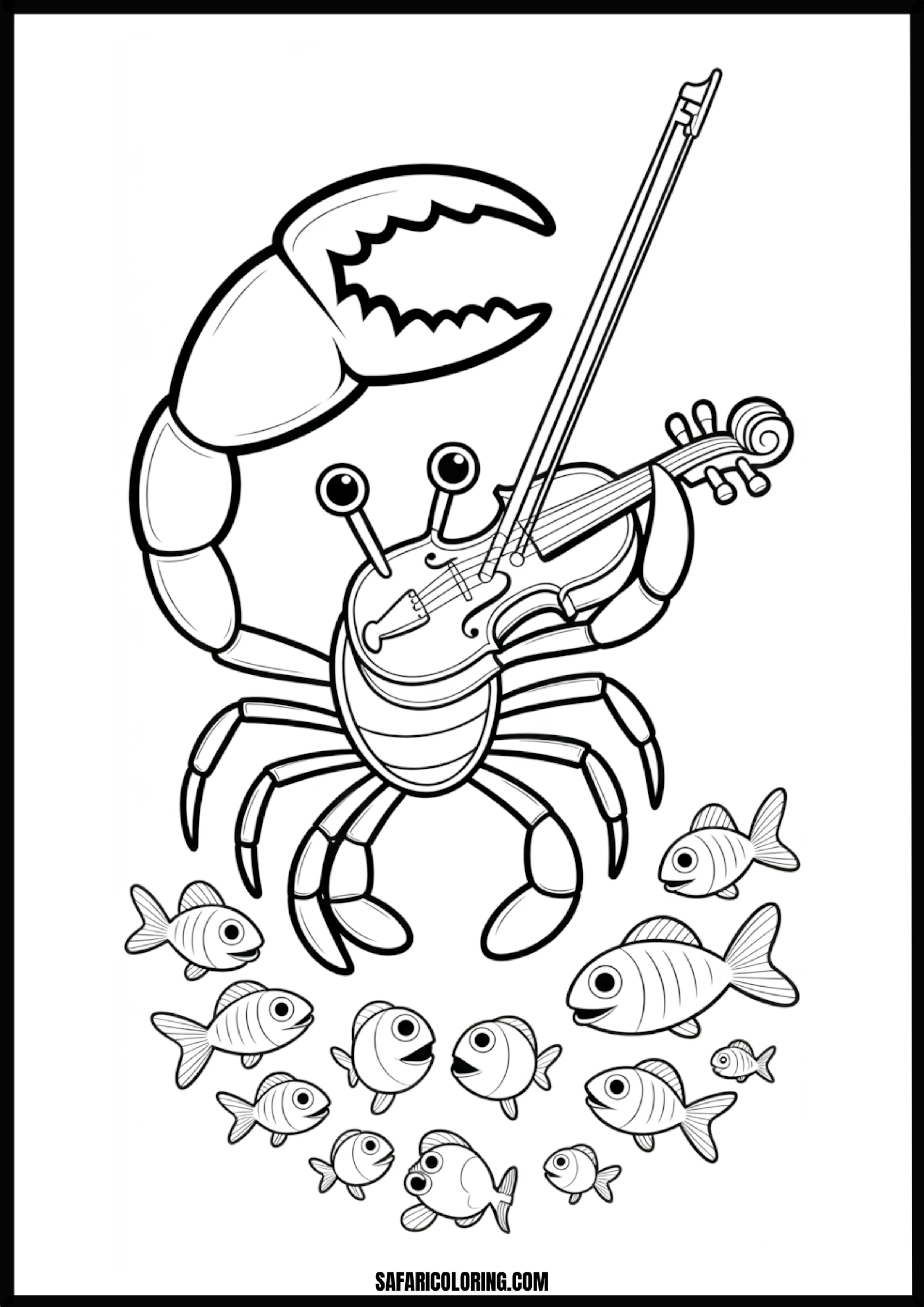Crab Musician Coloring Fun A crab playing a violin for several small fish in an underwater setting.
