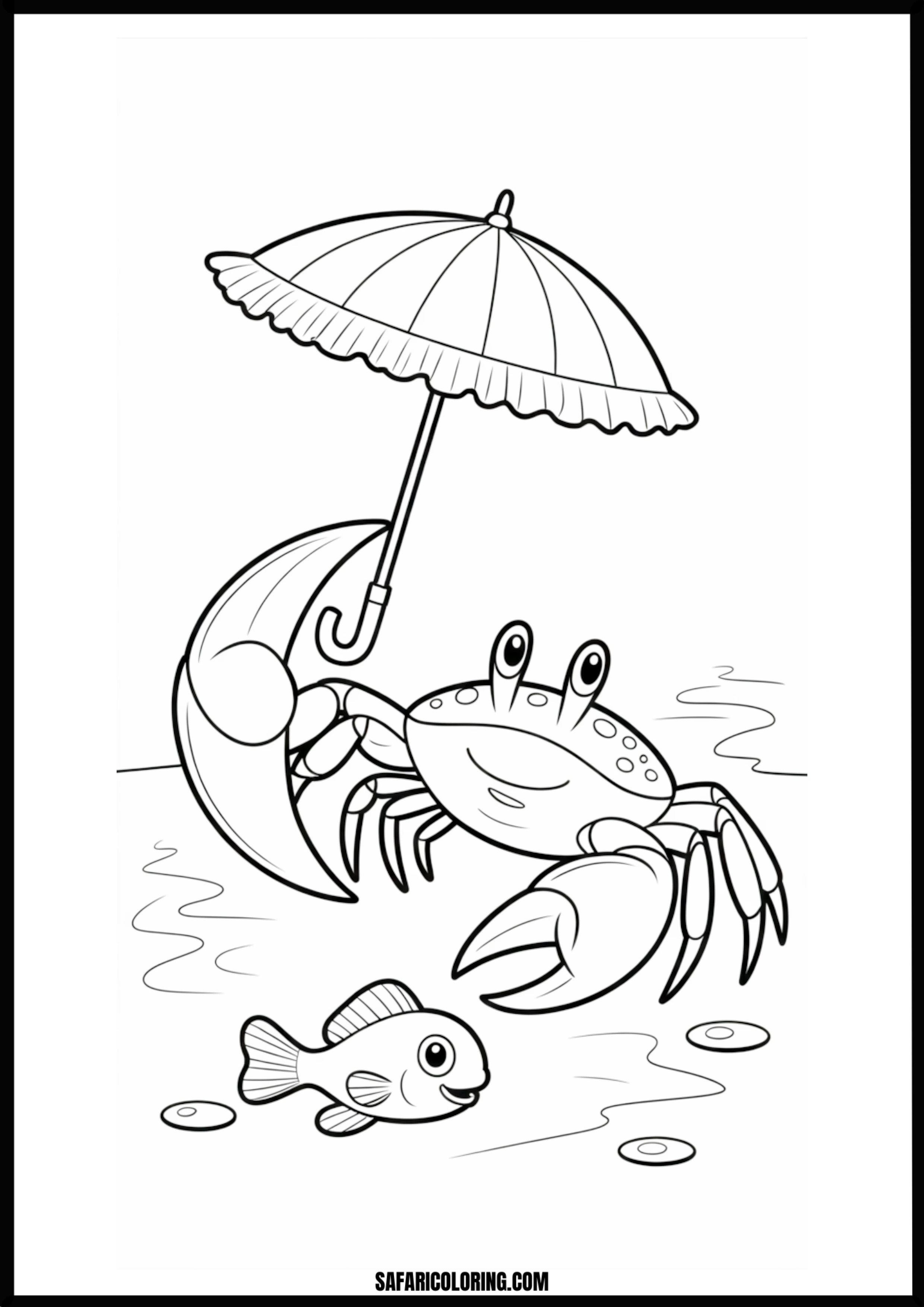 Underwater Umbrella Party A crab holding an umbrella, with fish swimming nearby, in an underwater setting.