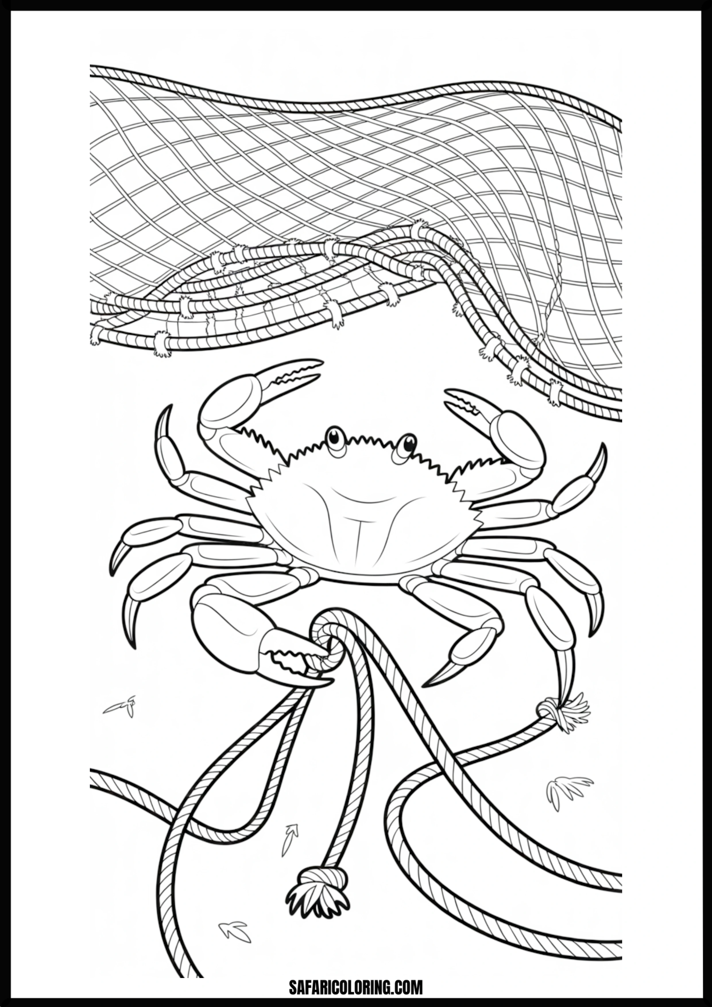 Clever Crab Escape Story A crab trapped under a fishing net, holding onto a rope, possibly planning an escape.