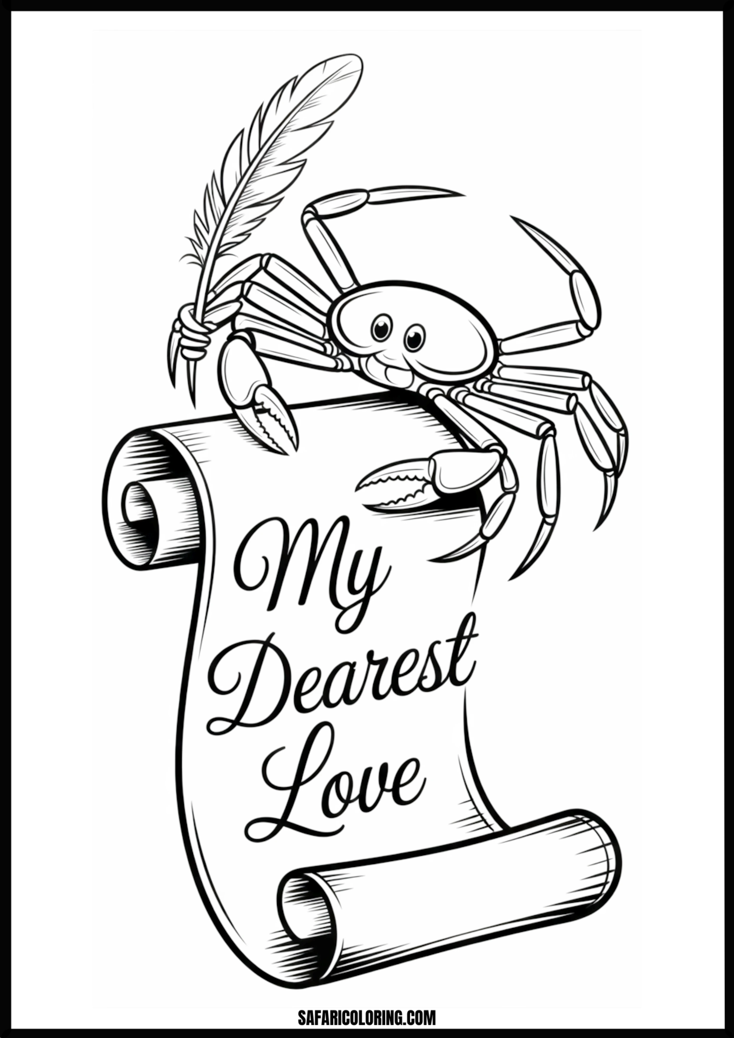 Romantic Crab Calligraphy A crab writing 'My Dearest Love' on a scroll with a quill.