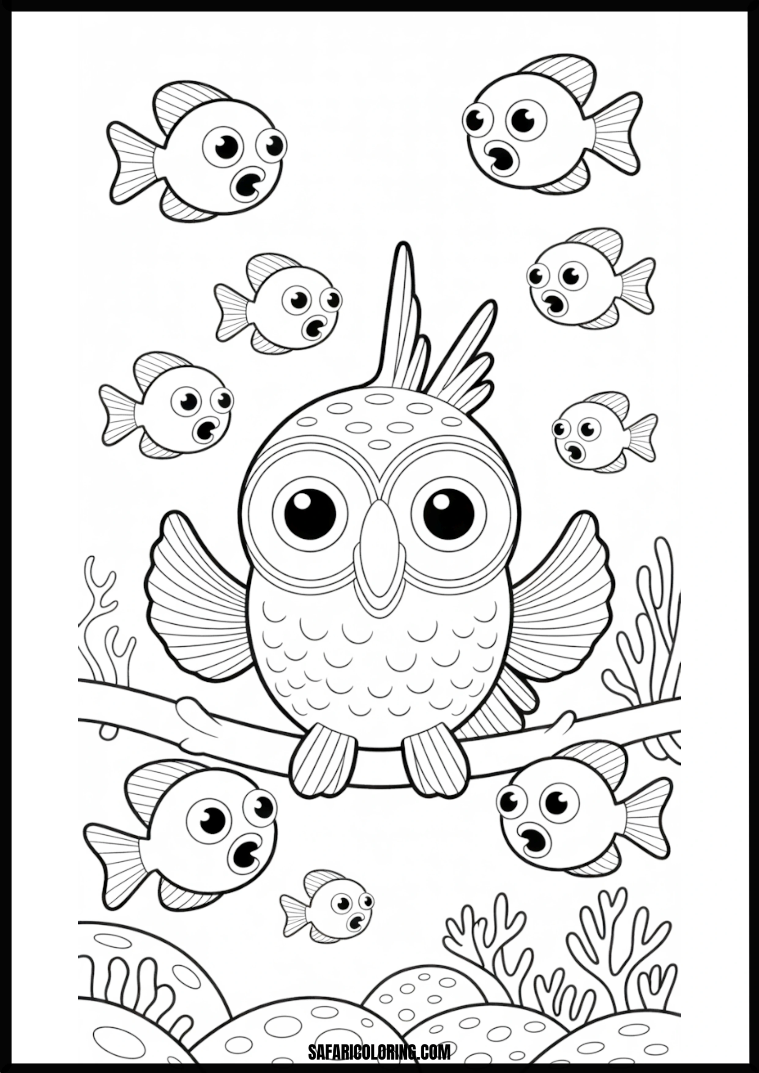Curious Fish Observe an Owl Coloring Page A group of curious fish observing an owl perched near the water.