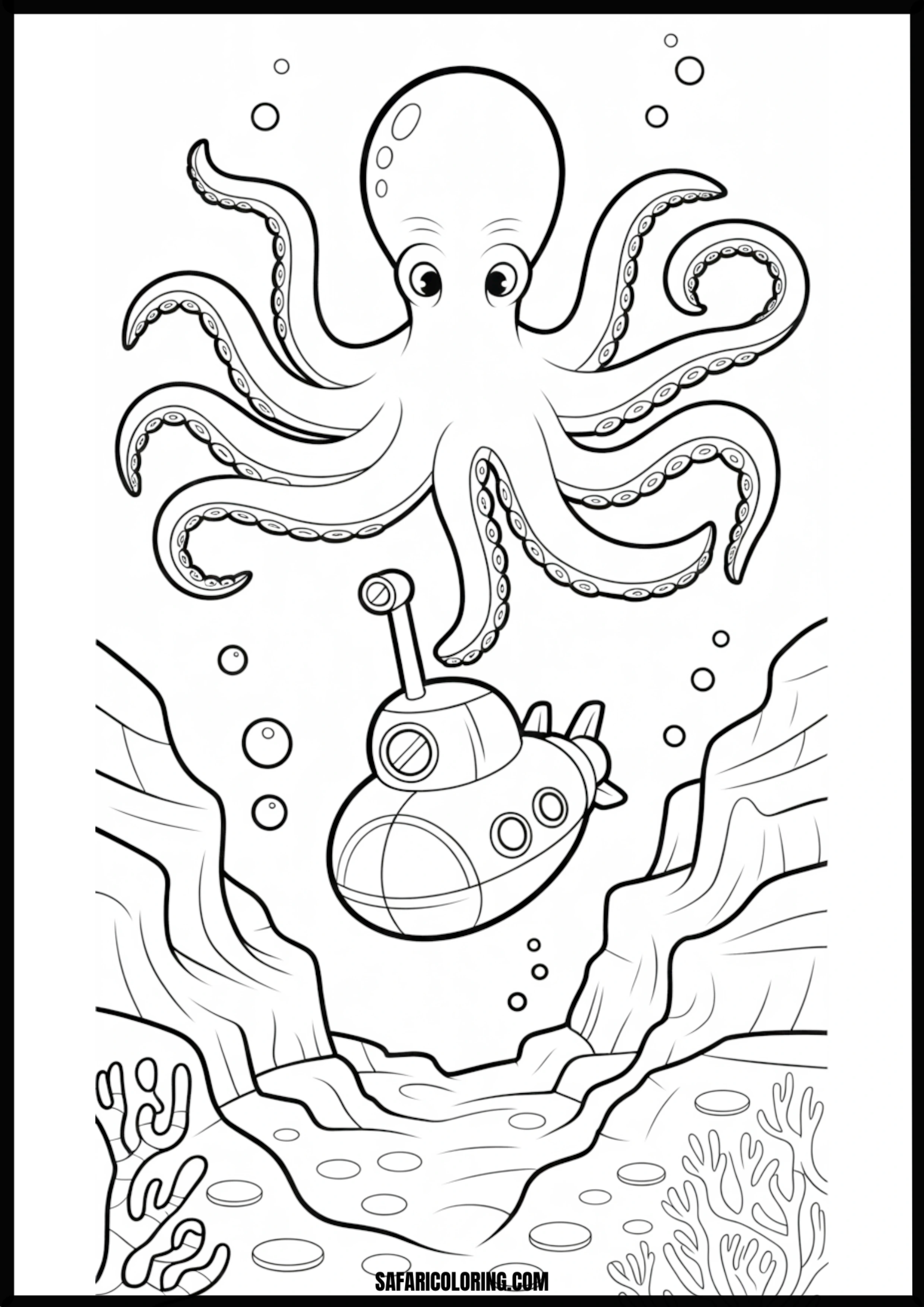 Curious Octopus & Submarine Deep-Sea Printable Coloring Sheet An outline drawing of a curious octopus submarine for coloring.