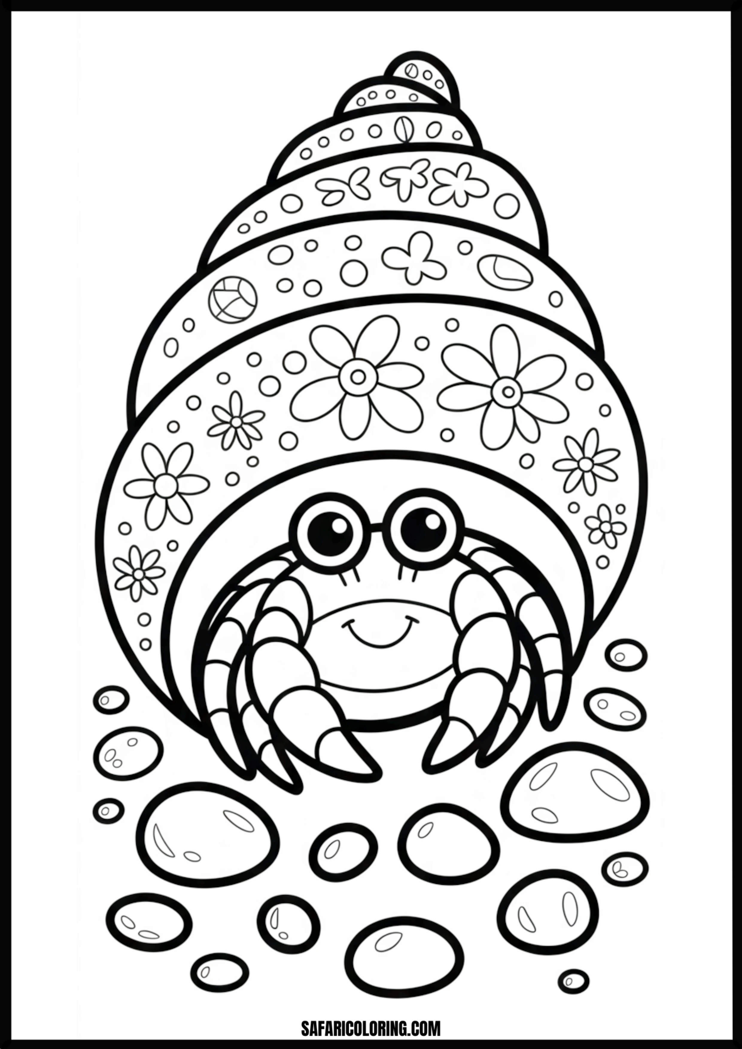 Cute Floral Hermit Crab Coloring Page A cute hermit crab with a beautifully decorated floral shell.
