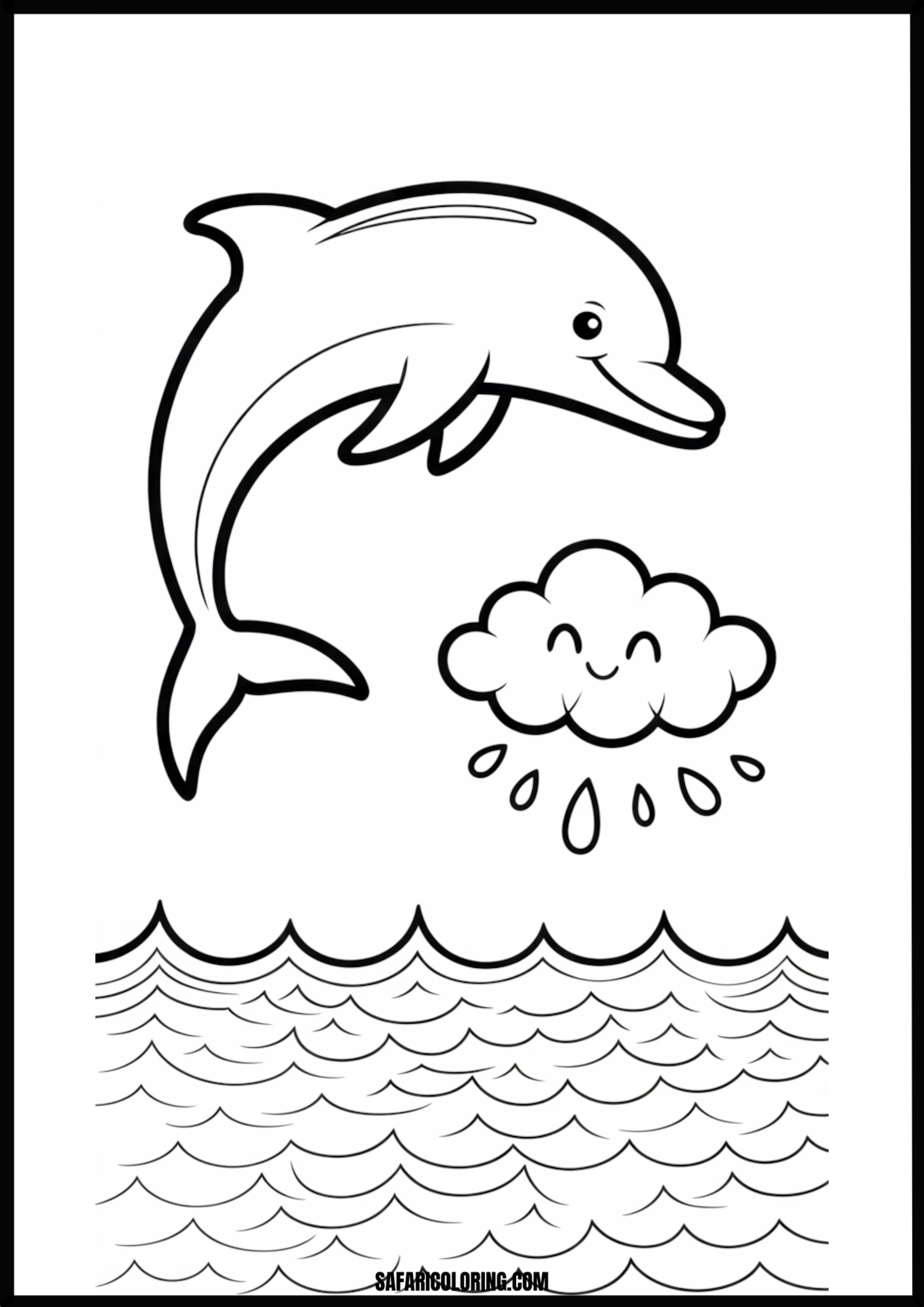Jumping Dolphin and Raining Cloud Coloring Page Cute jumping dolphin playing in a cloud with rain