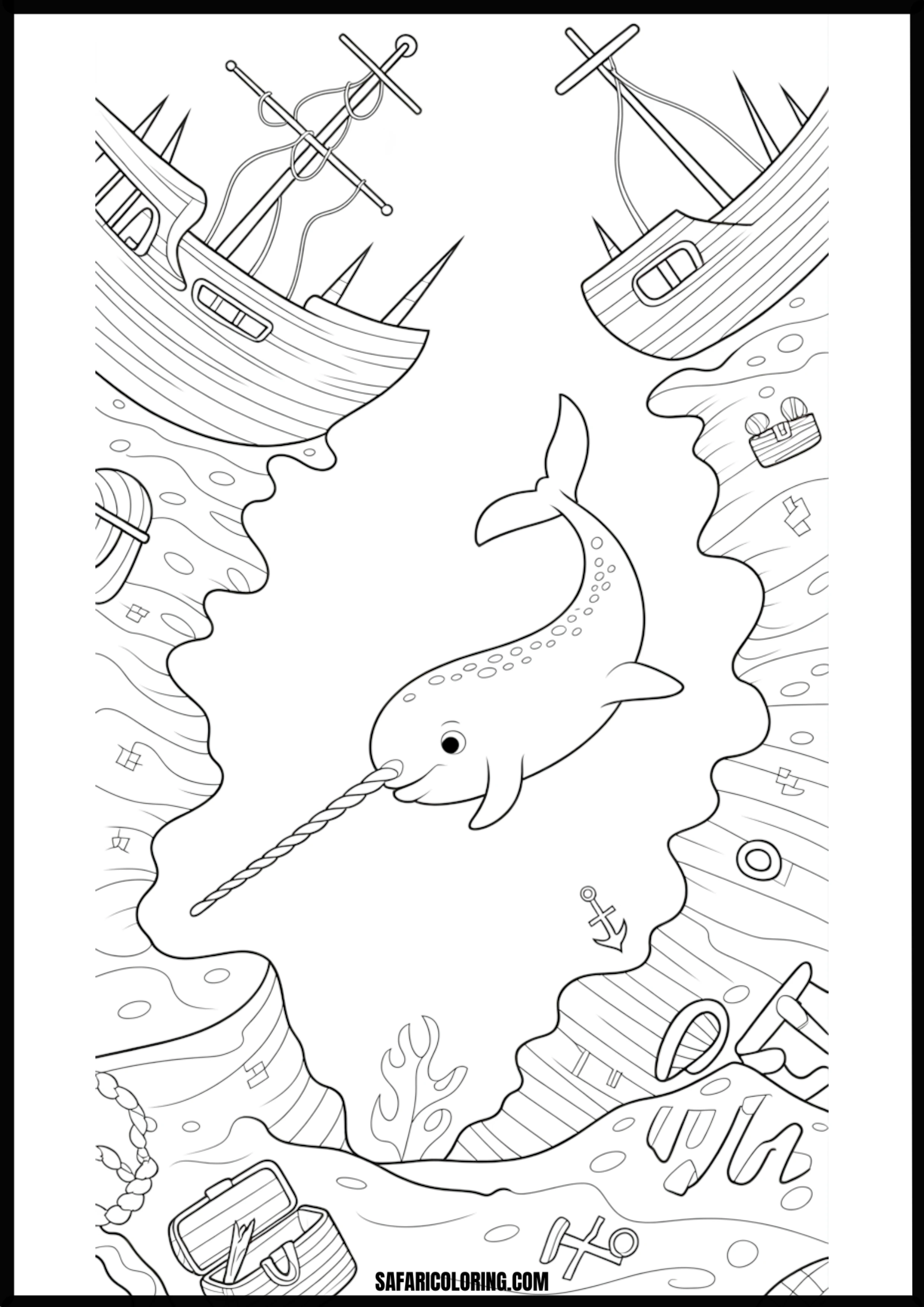 Cute Narwhal Underwater Shipwreck Adventure Coloring Coloring page of a cute narwhal exploring an underwater shipwreck.