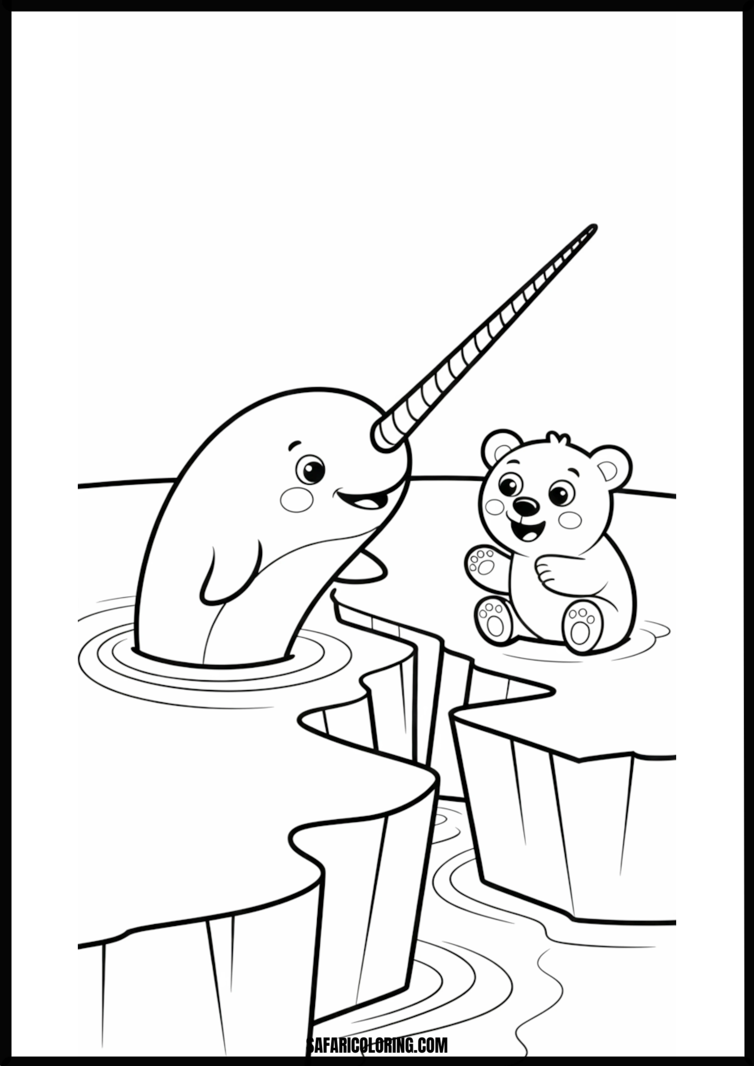 Cute Narwhal and Polar Bear Ice Friends Coloring Coloring page of a cute narwhal and polar bear as ice friends.