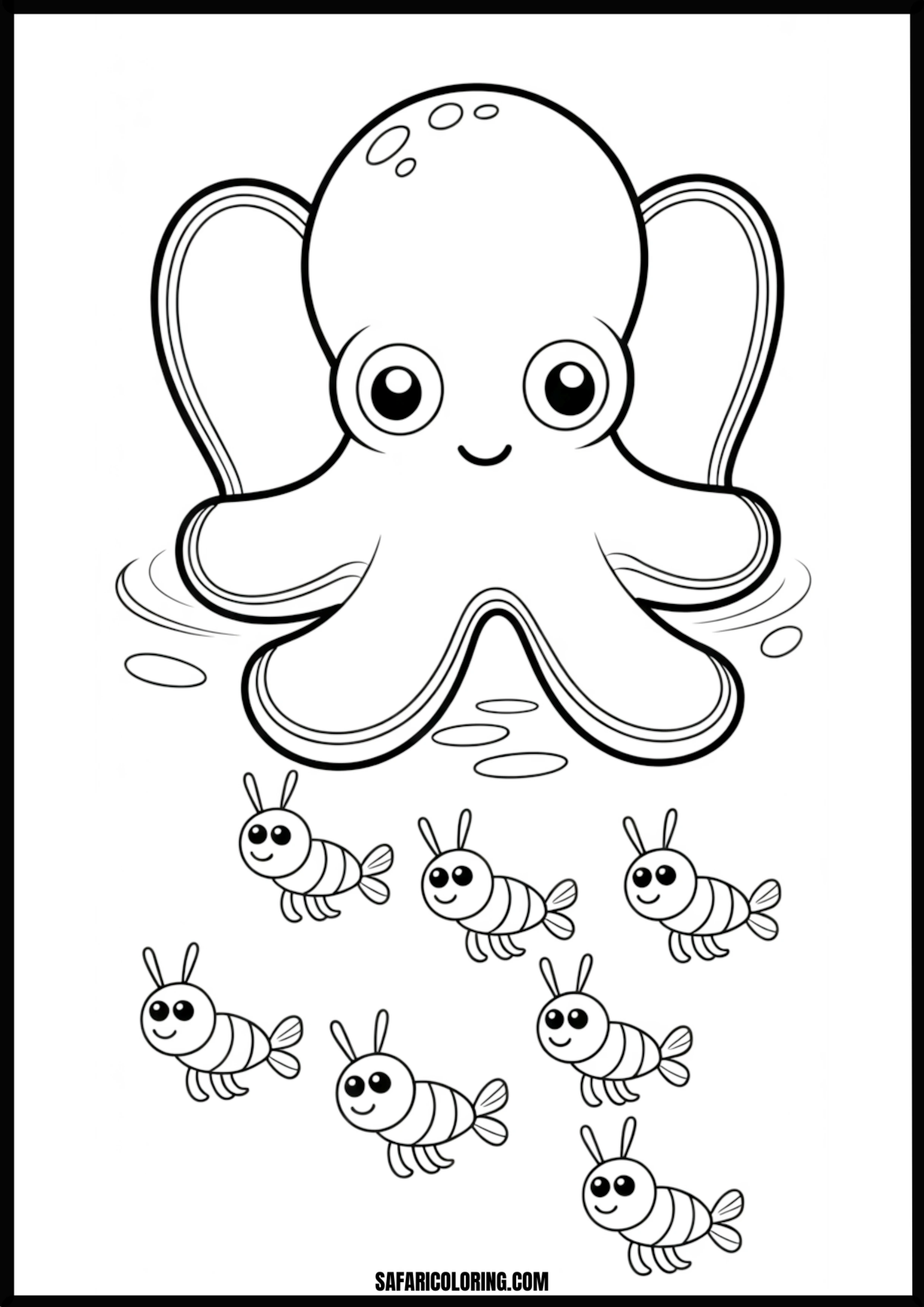 Cute Octopus & Shrimp Printable Coloring Sheet An outline drawing of a cute octopus shrimp for coloring.
