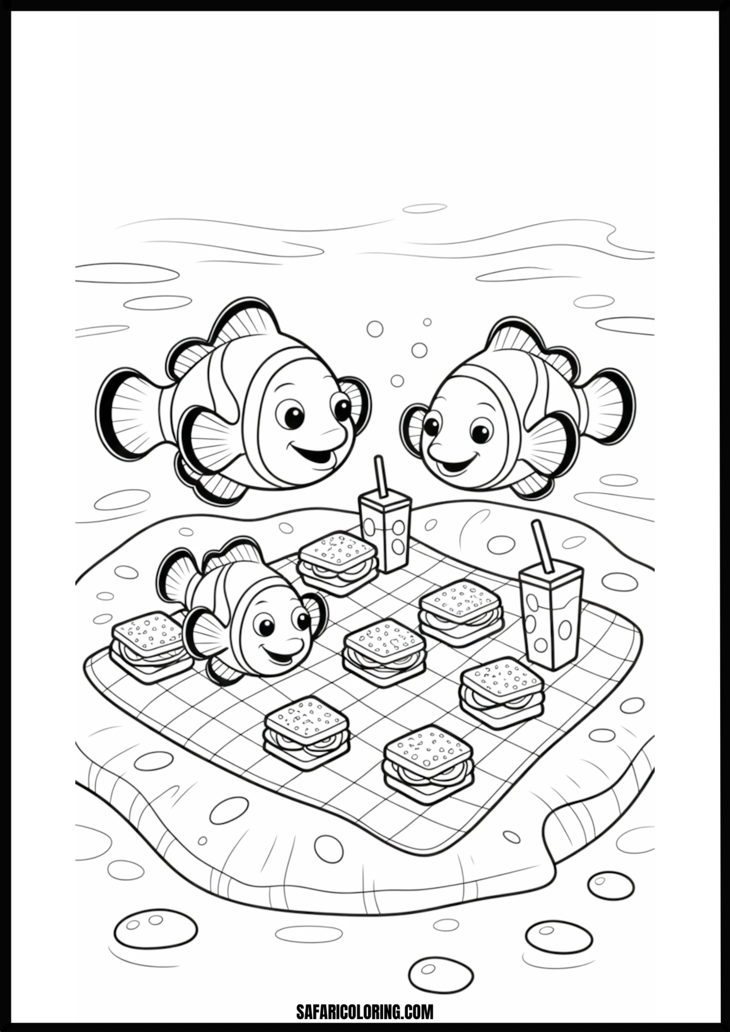 Cute Clownfish Underwater Sandwich Picnic Coloring Page Cute clownfish enjoying a sandwich picnic underwater.