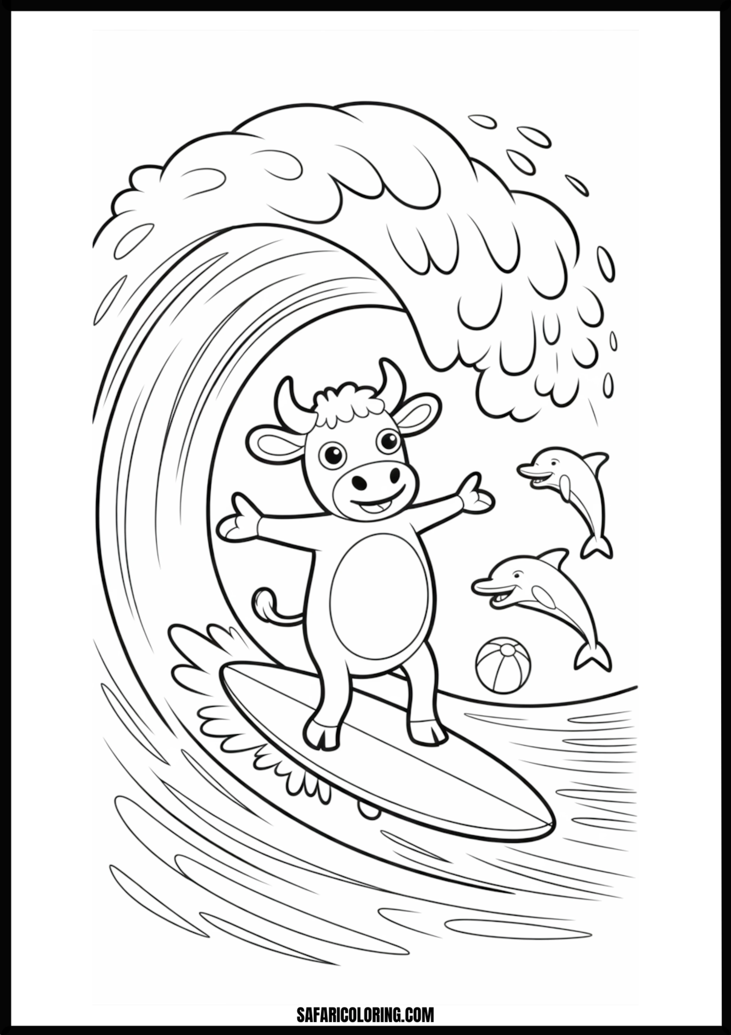 Cute cow surfing with dolphins