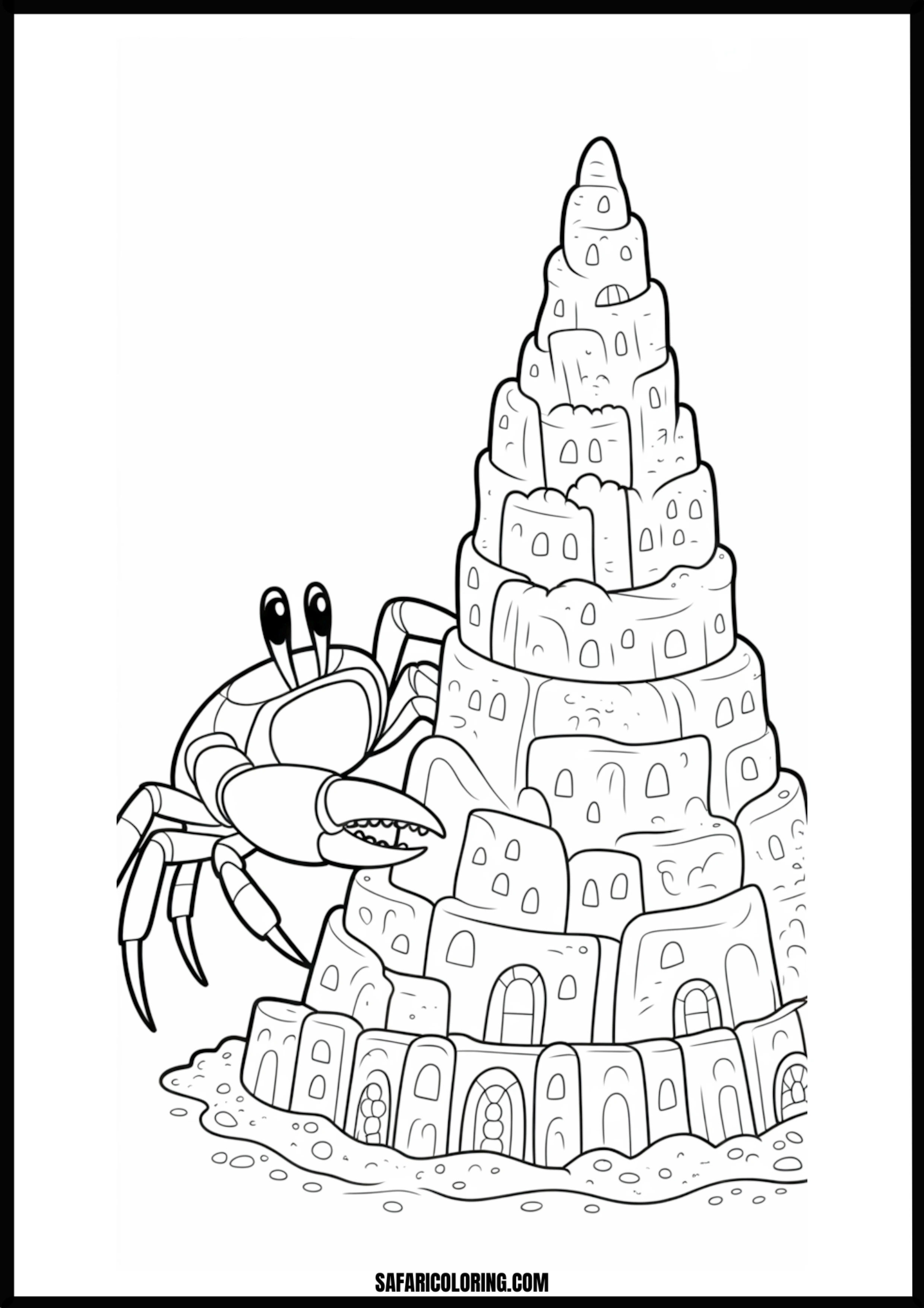 Beach Builders Crab & Castle A cute cartoon crab standing next to a tall, elaborate sandcastle on the beach.