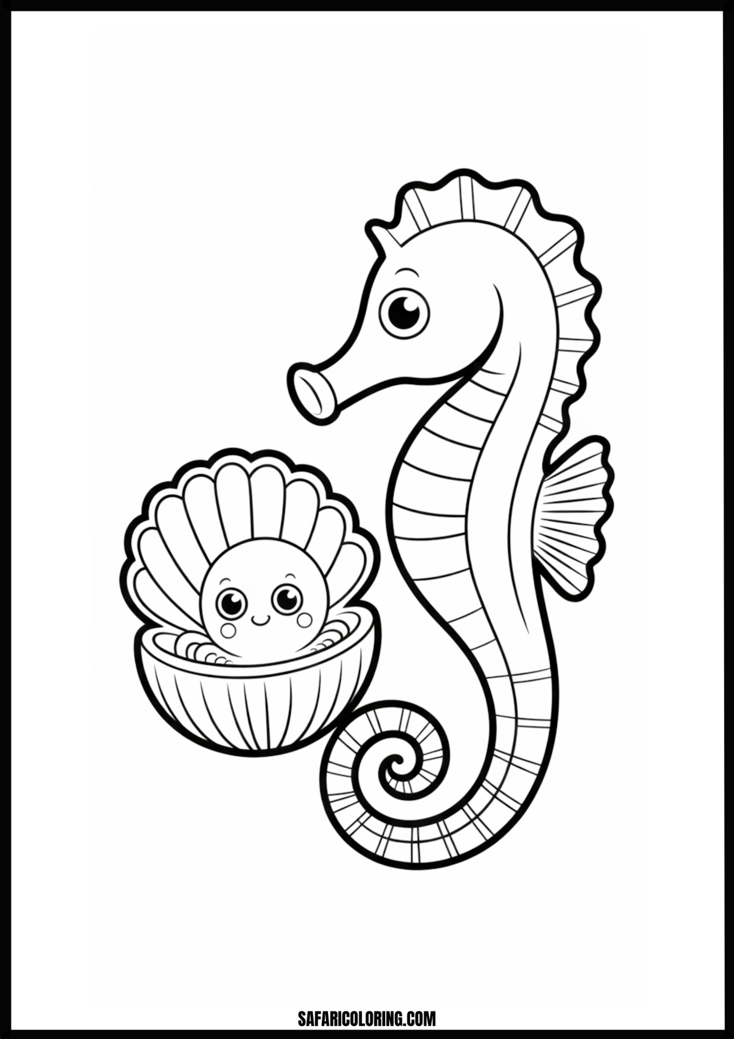 Printable Cute Seahorse and Octopus Coloring page of a cute seahorse and a baby octopus sharing a shell.
