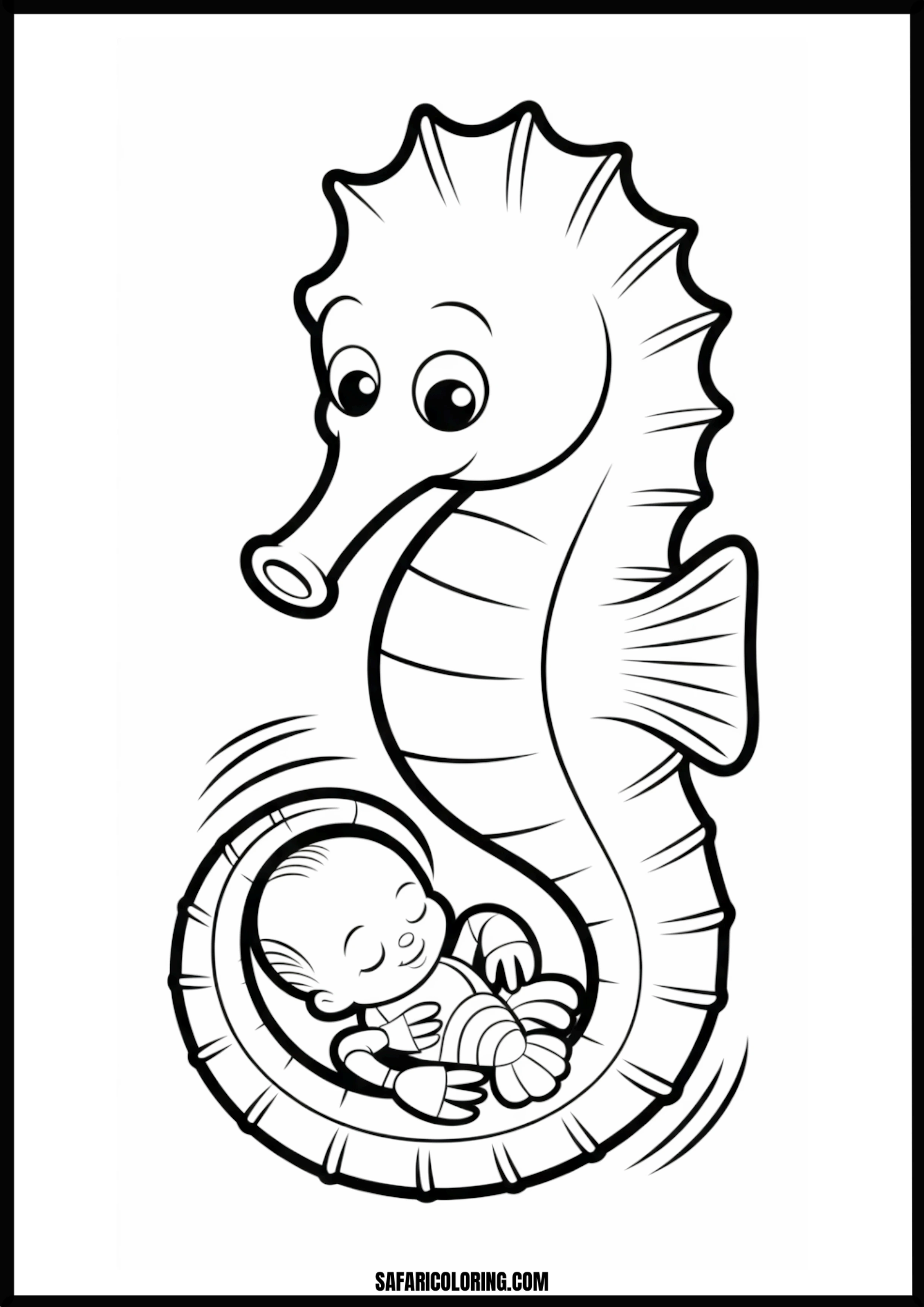 Printable Cute Seahorse Mom and Baby Coloring page of a cute seahorse gently cradling a baby seahorse.