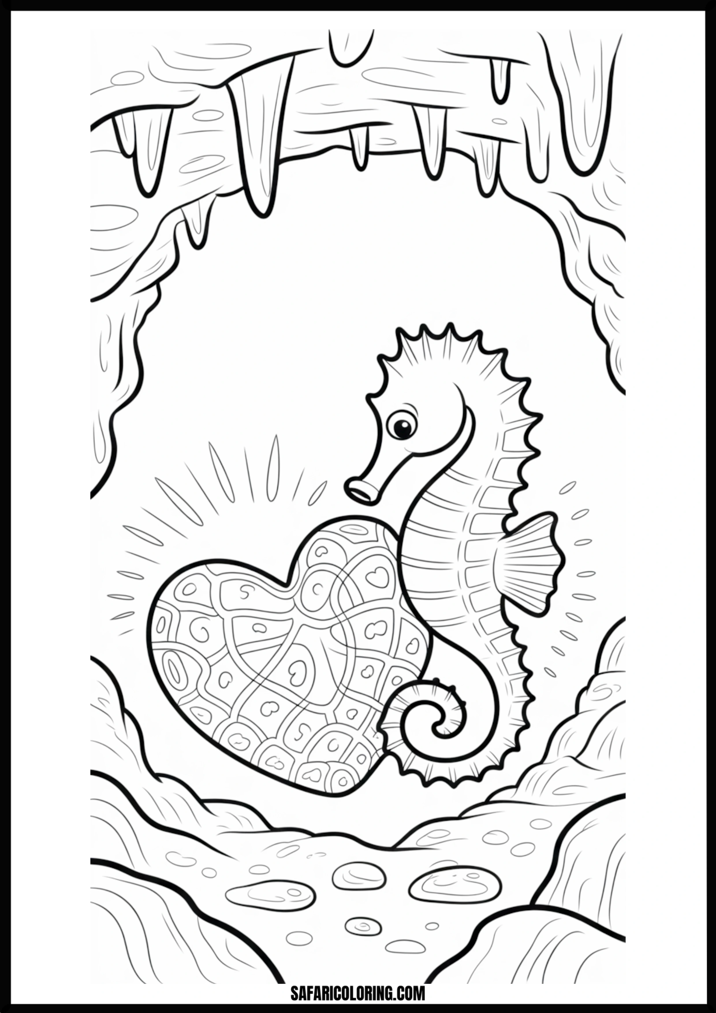 Printable Glowing Heart Seahorse Coloring page of a cute seahorse holding a glowing heart in a sea cave.