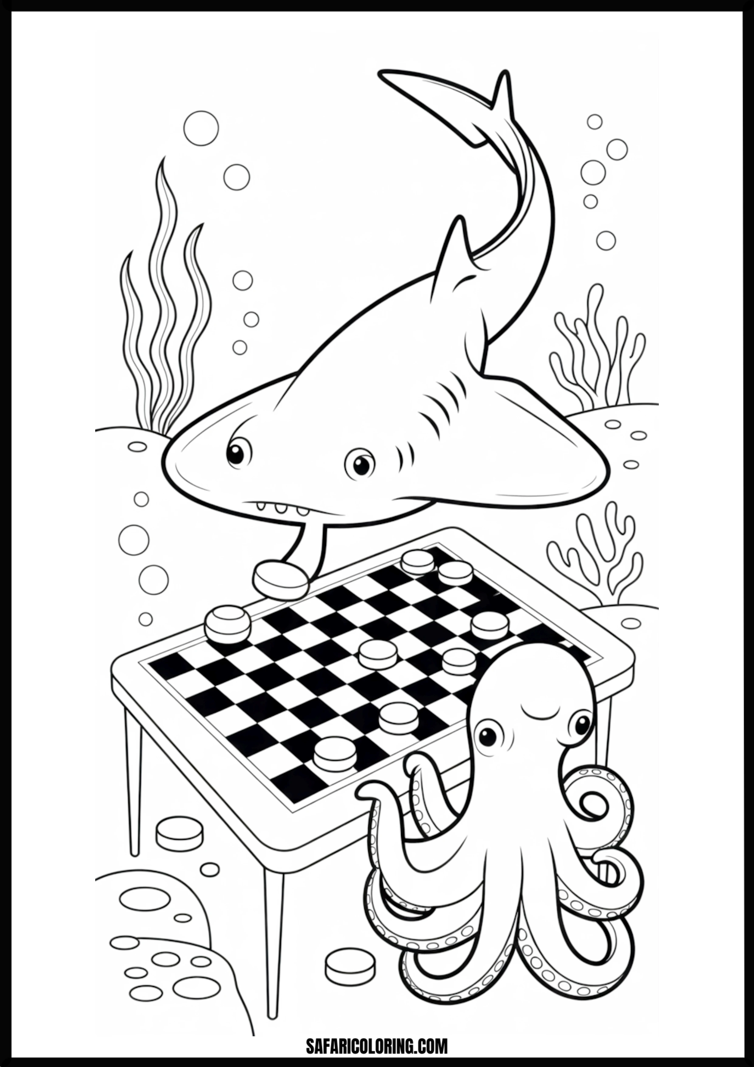 Cute Shark and Octopus Playing Checkers Coloring Page Cute shark and octopus playing checkers underwater