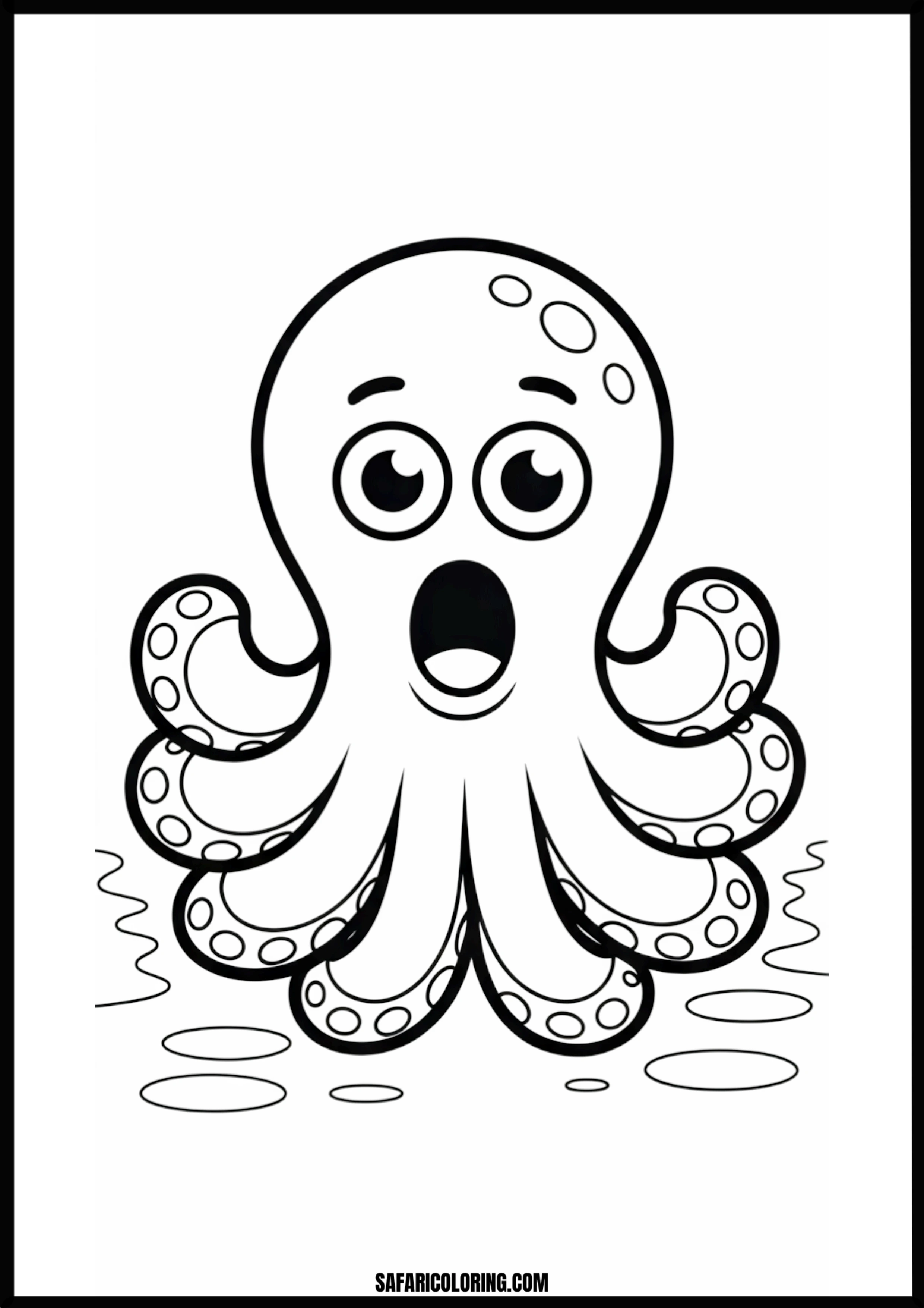 Cute Surprised Octopus Printable Coloring Sheet An outline drawing of a cute octopus for coloring.