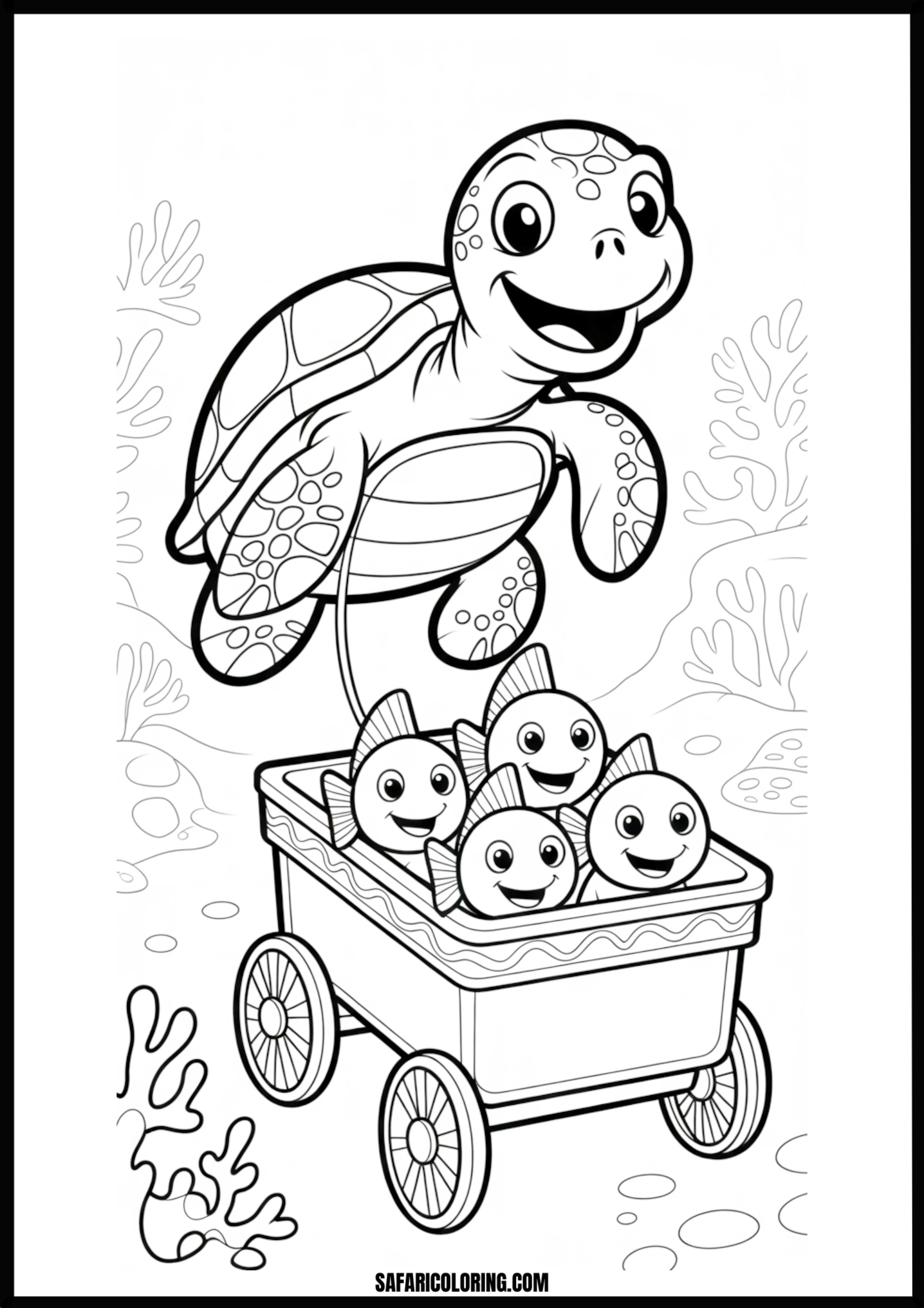 Whimsical Turtle Wagon Ride Cute turtle pulling a wagon full of fish