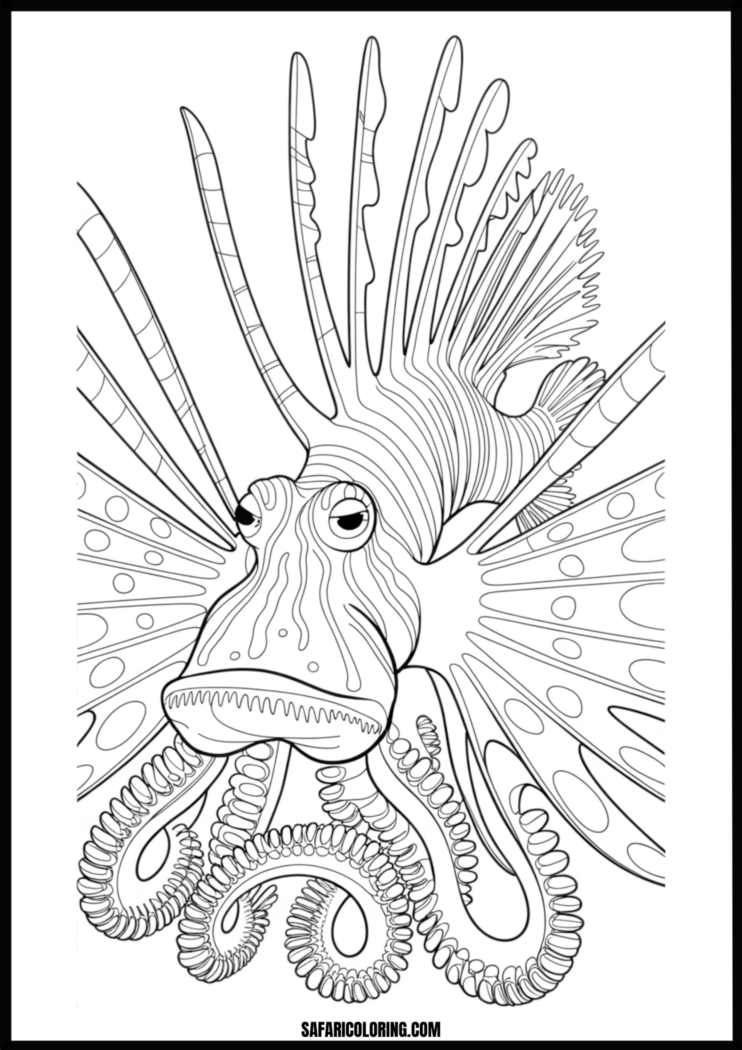 Detailed Lionfish Printable Coloring Sheet An outline drawing of a detailed lionfish for coloring.