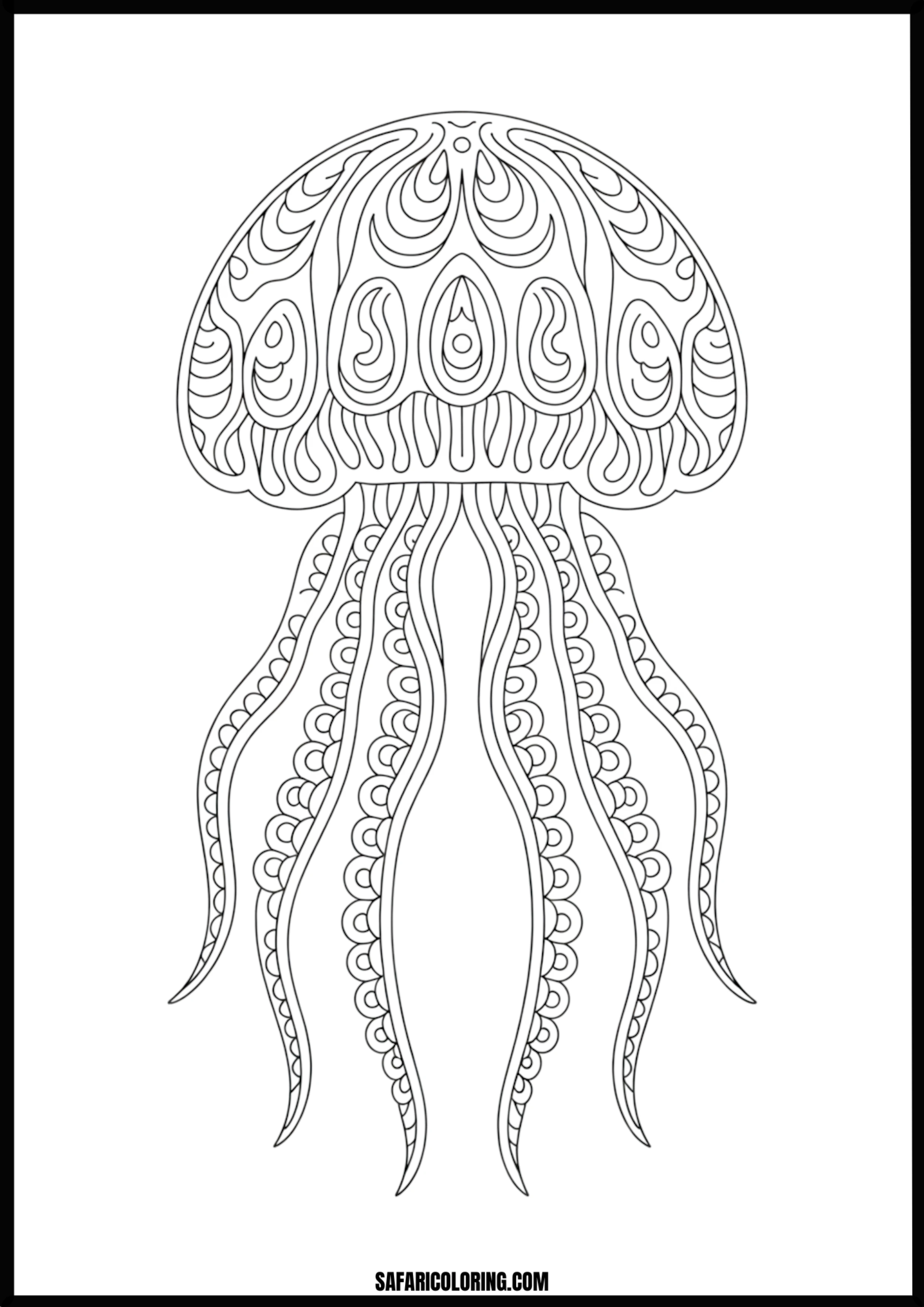 Detailed Patterned Jellyfish Coloring Page Highly detailed jellyfish with intricate patterns on its bell and tentacles.