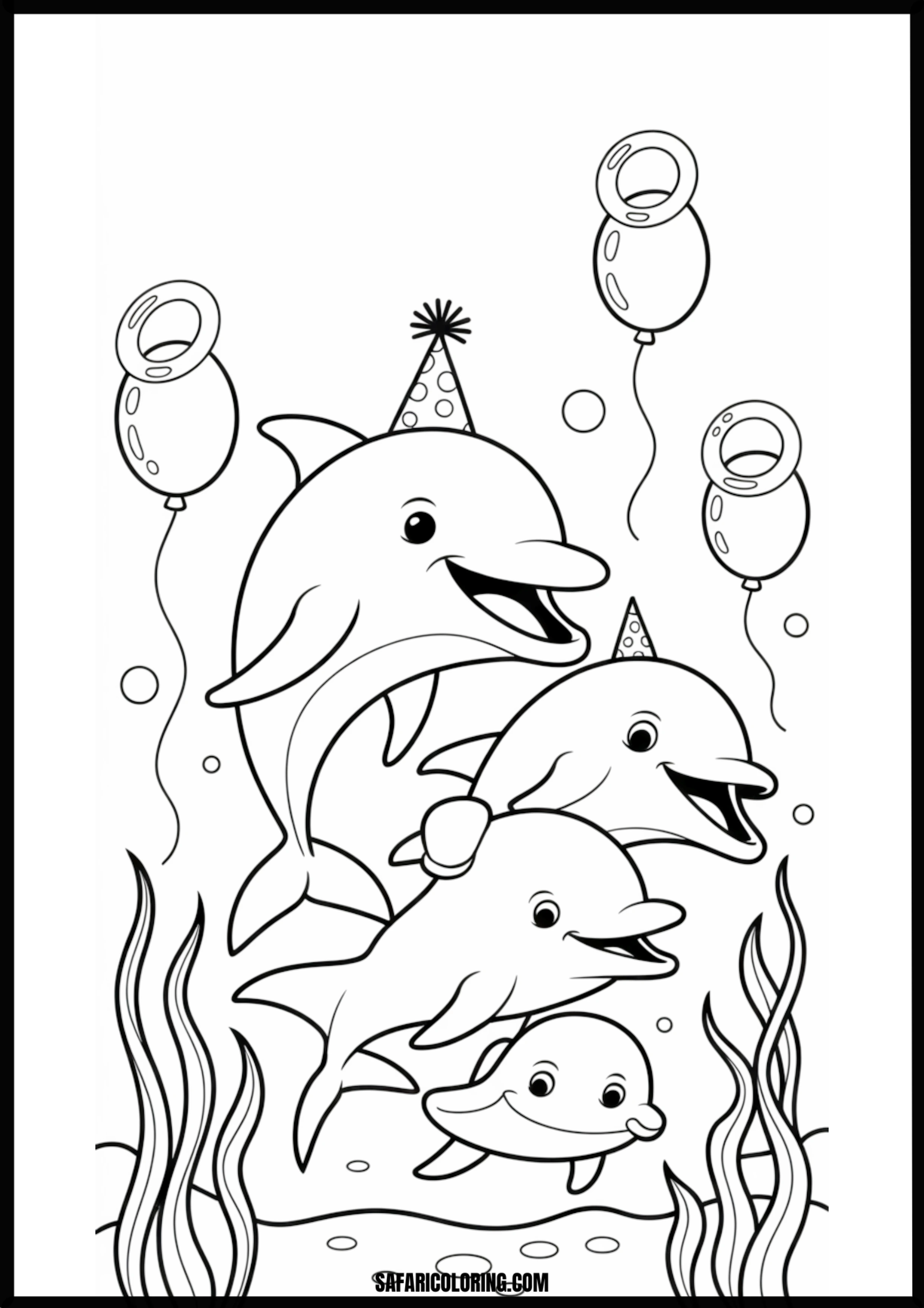Dolphin Underwater Birthday Celebration Coloring Dolphin having a birthday party underwater with gifts