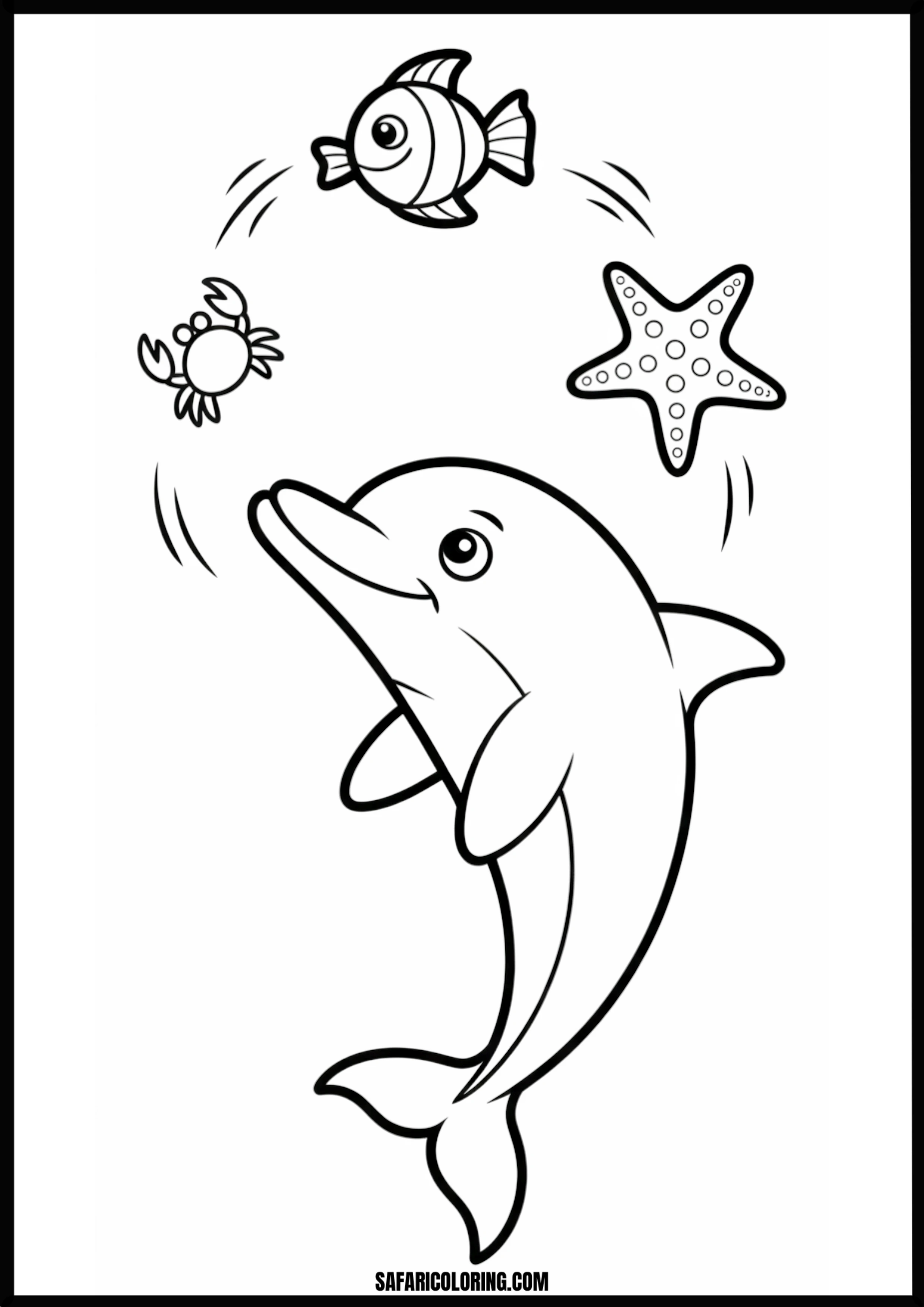 Dolphin Juggling Act Coloring Page Dolphin juggling fish, crab, and starfish playfully
