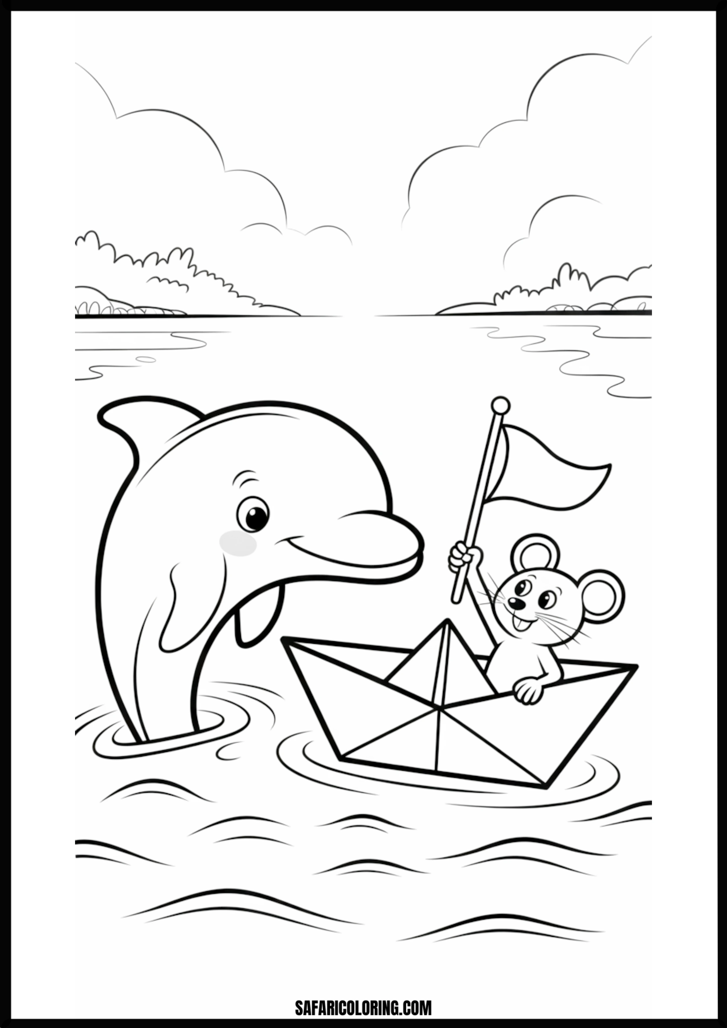 Dolphin and Mouse Sailing Adventure Coloring Dolphin and mouse sailing together on a boat