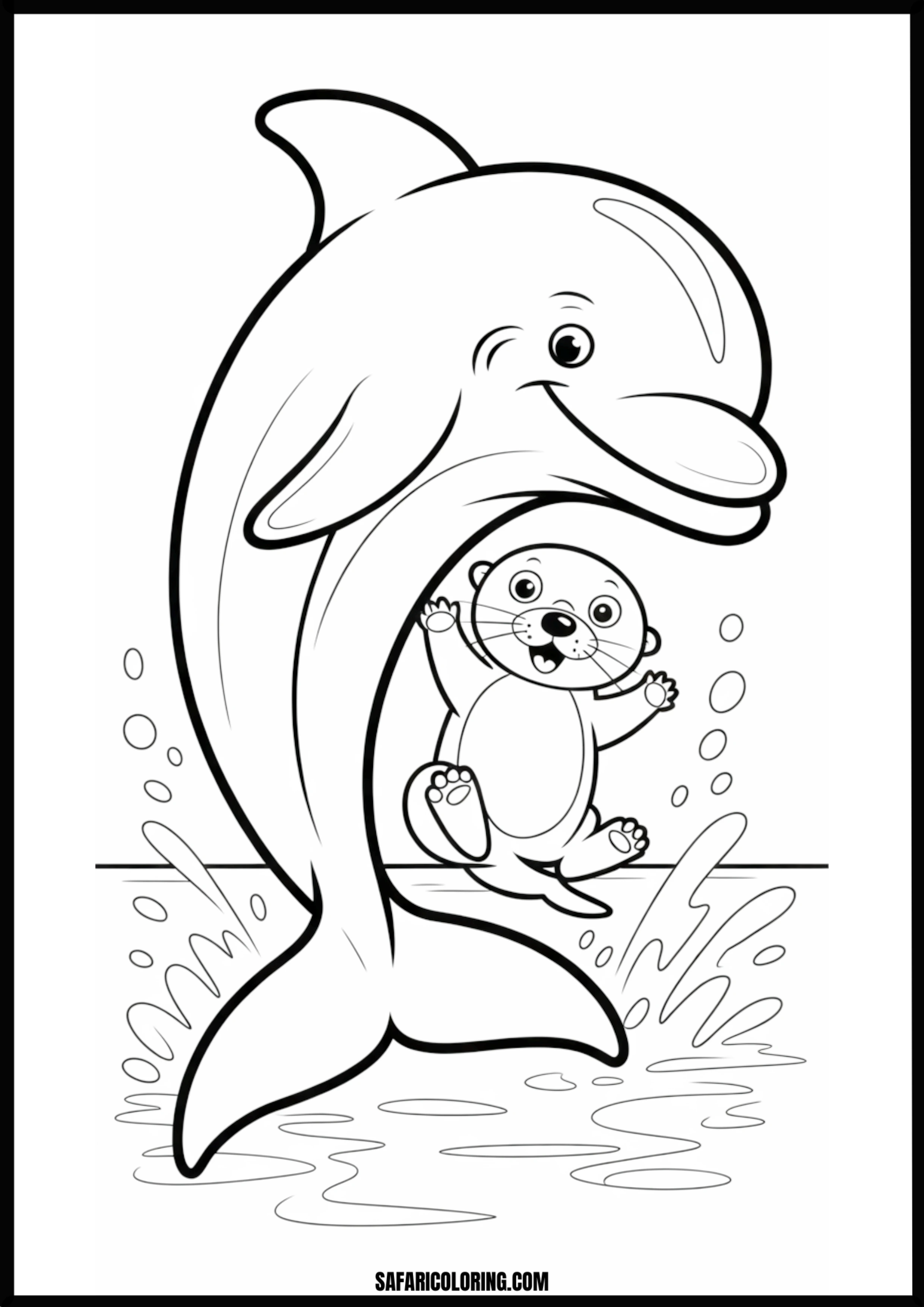 Dolphin and Otter Jumping Fun Coloring Sheet Dolphin and otter jumping together out of water