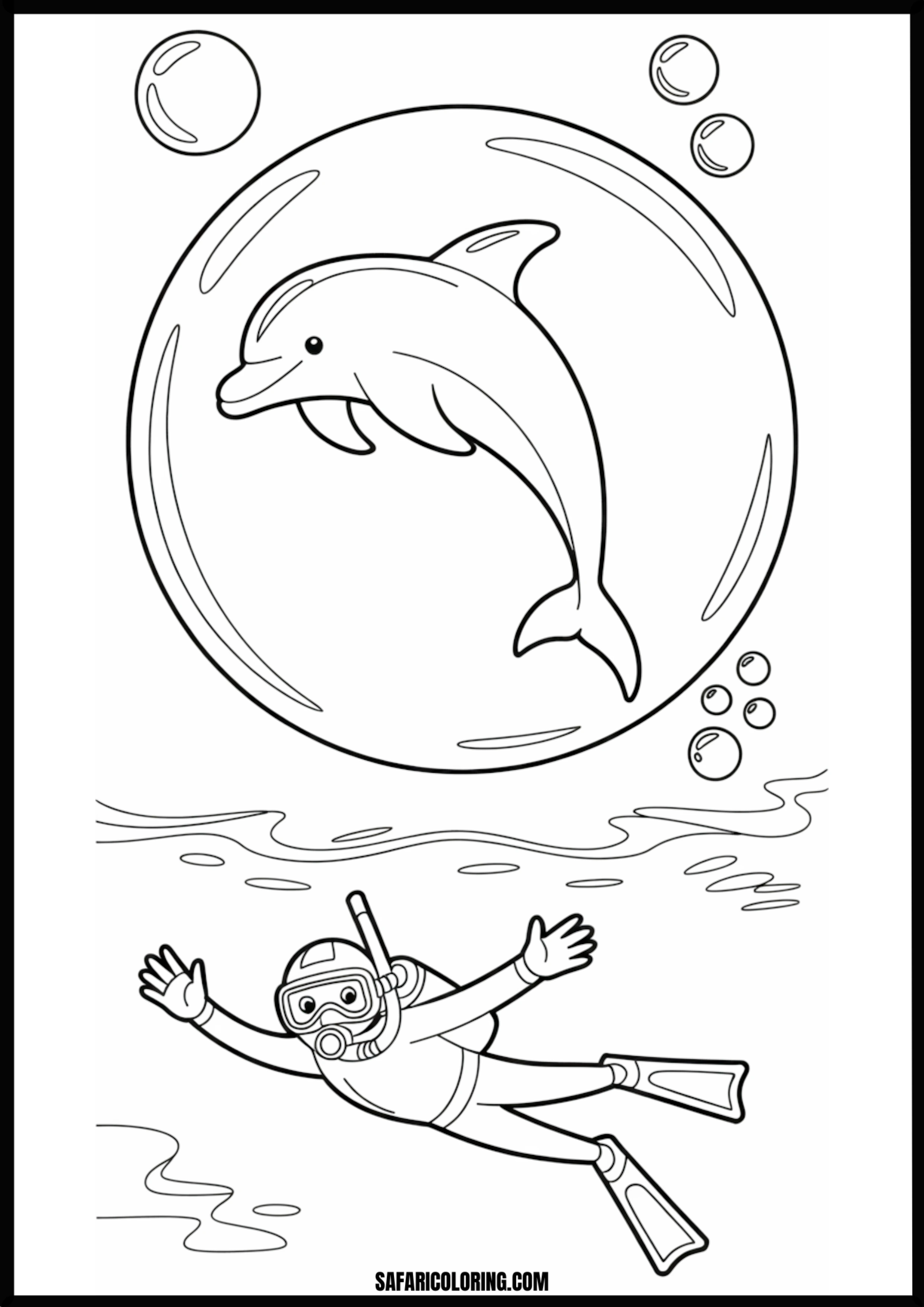 Dolphin, Bubbles, and Diver Underwater Coloring Dolphin, bubbles, and diver interacting underwater
