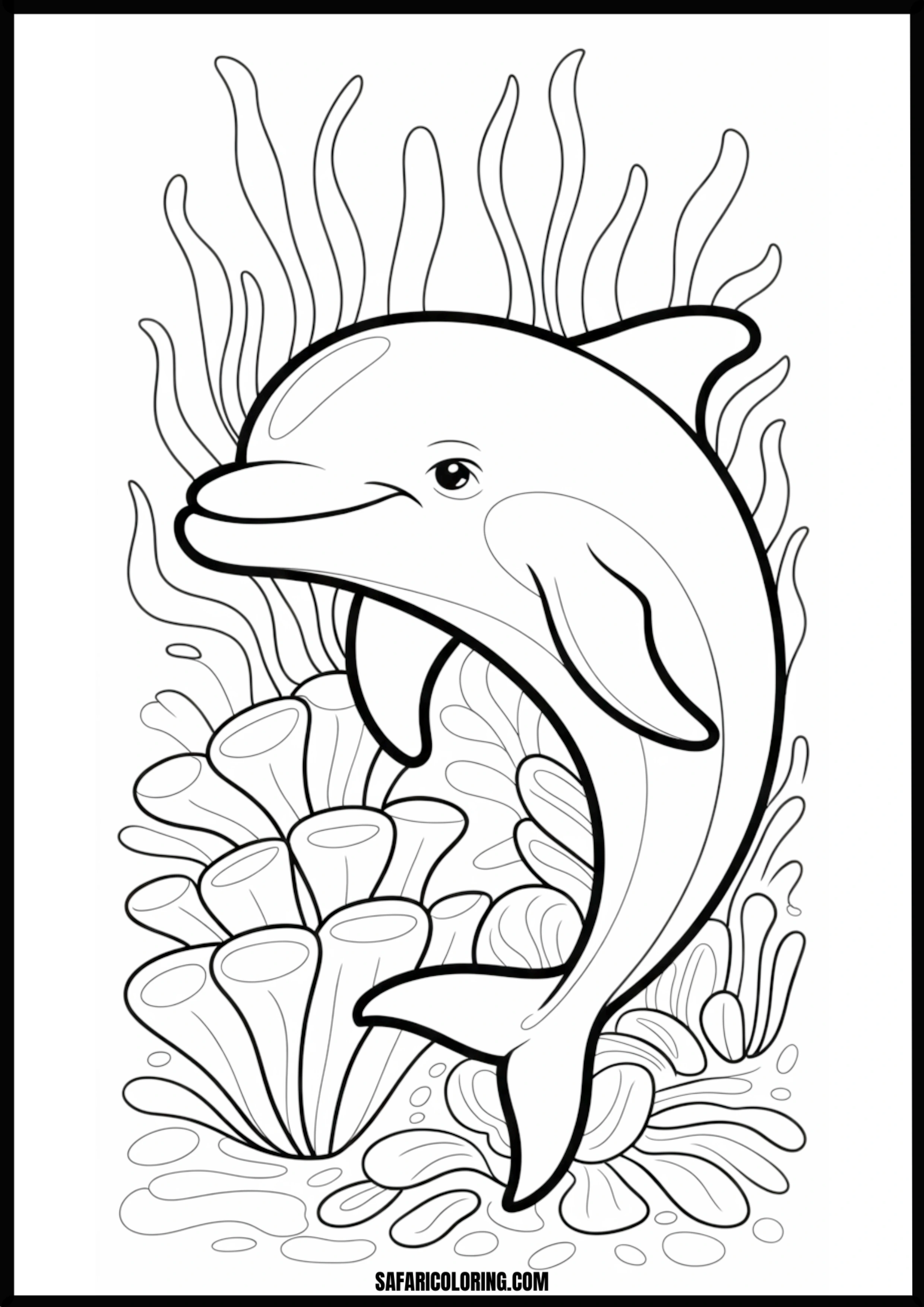 Dolphin in Coral Reef Coloring Page Dolphin swimming gracefully near a vibrant coral reef