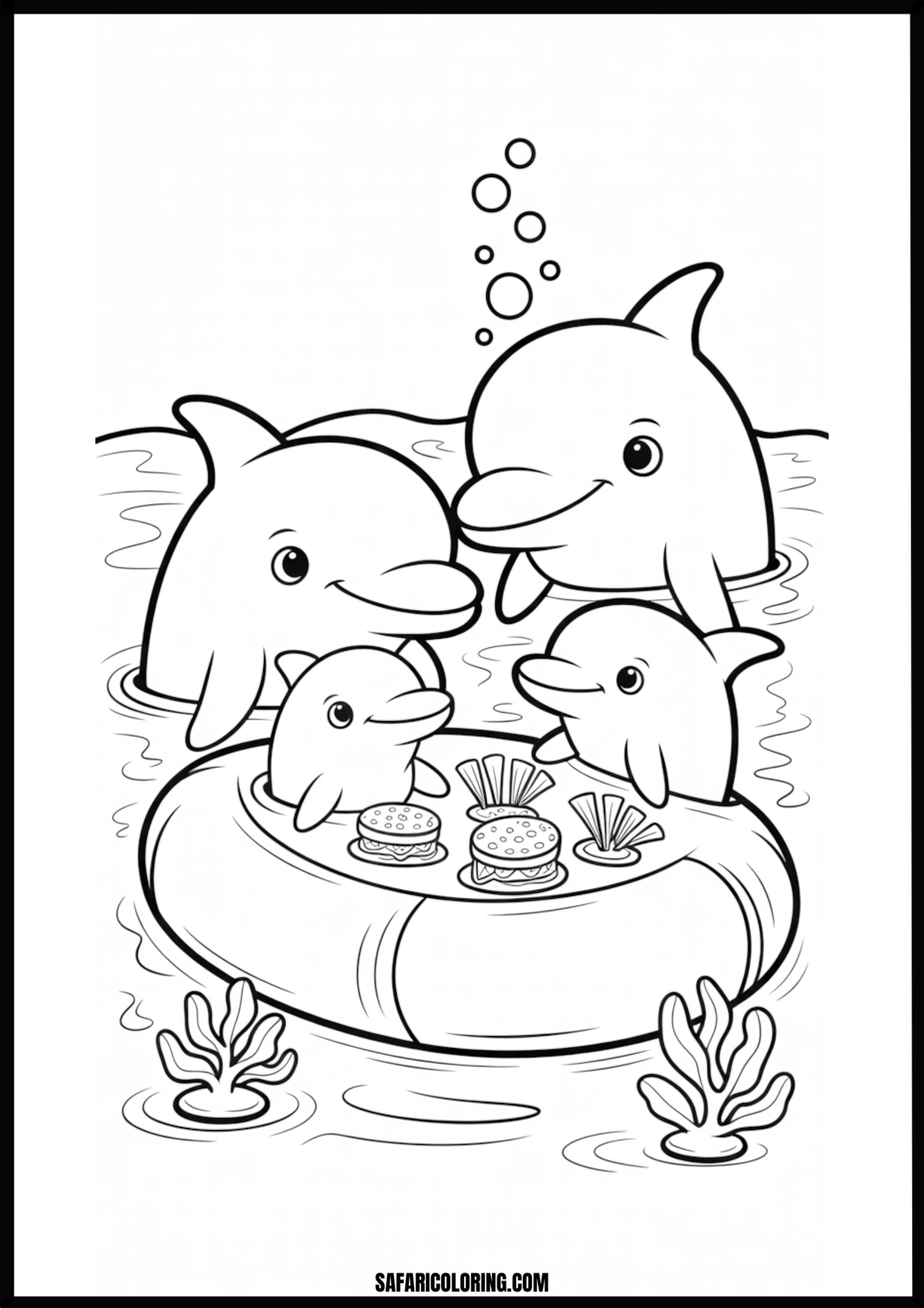 Dolphin Family Burger Feast Coloring Page Dolphin family eating floating burgers in the ocean