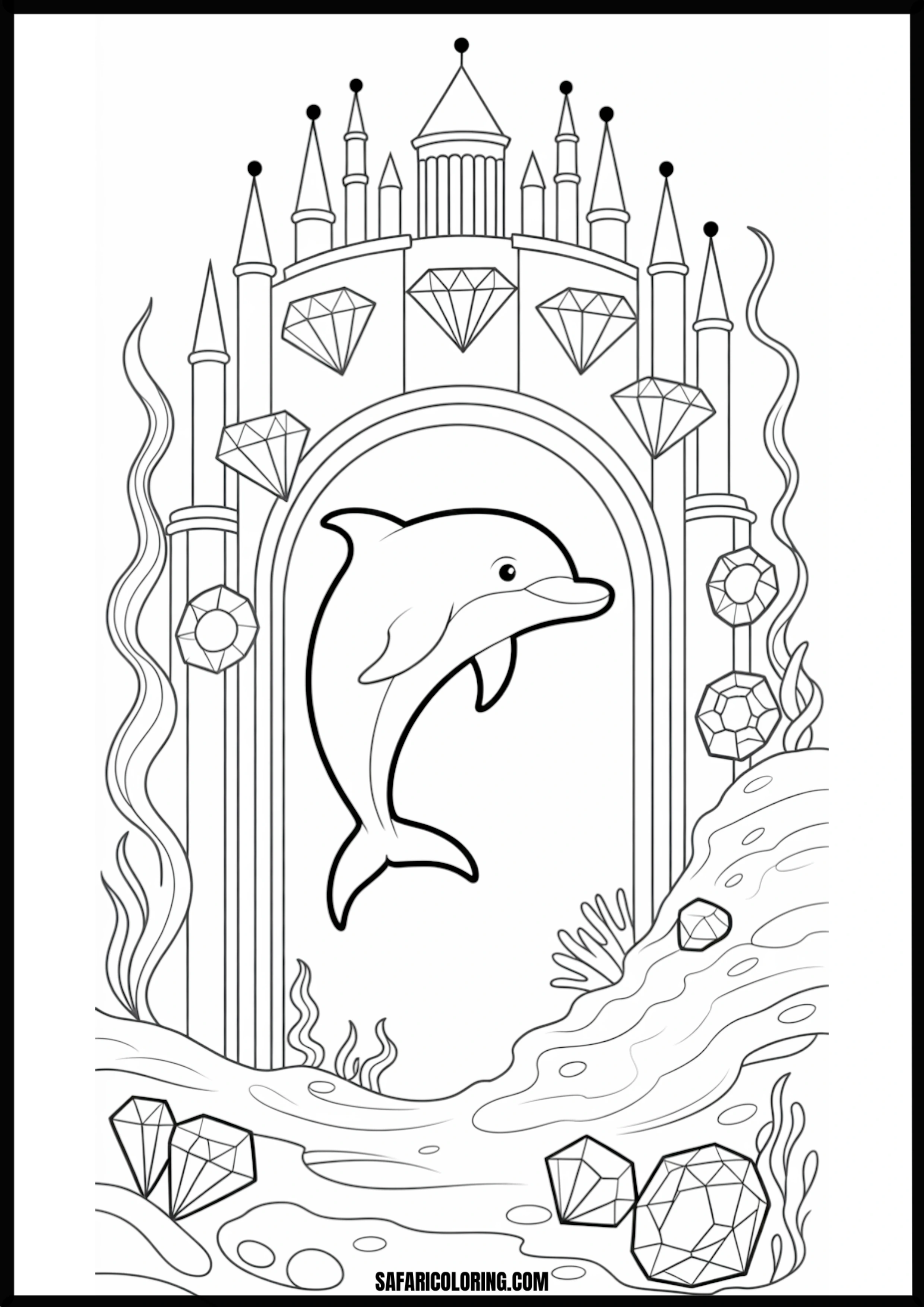 Dolphin in Magical Underwater Palace Coloring Dolphin exploring a magical underwater palace with jewels