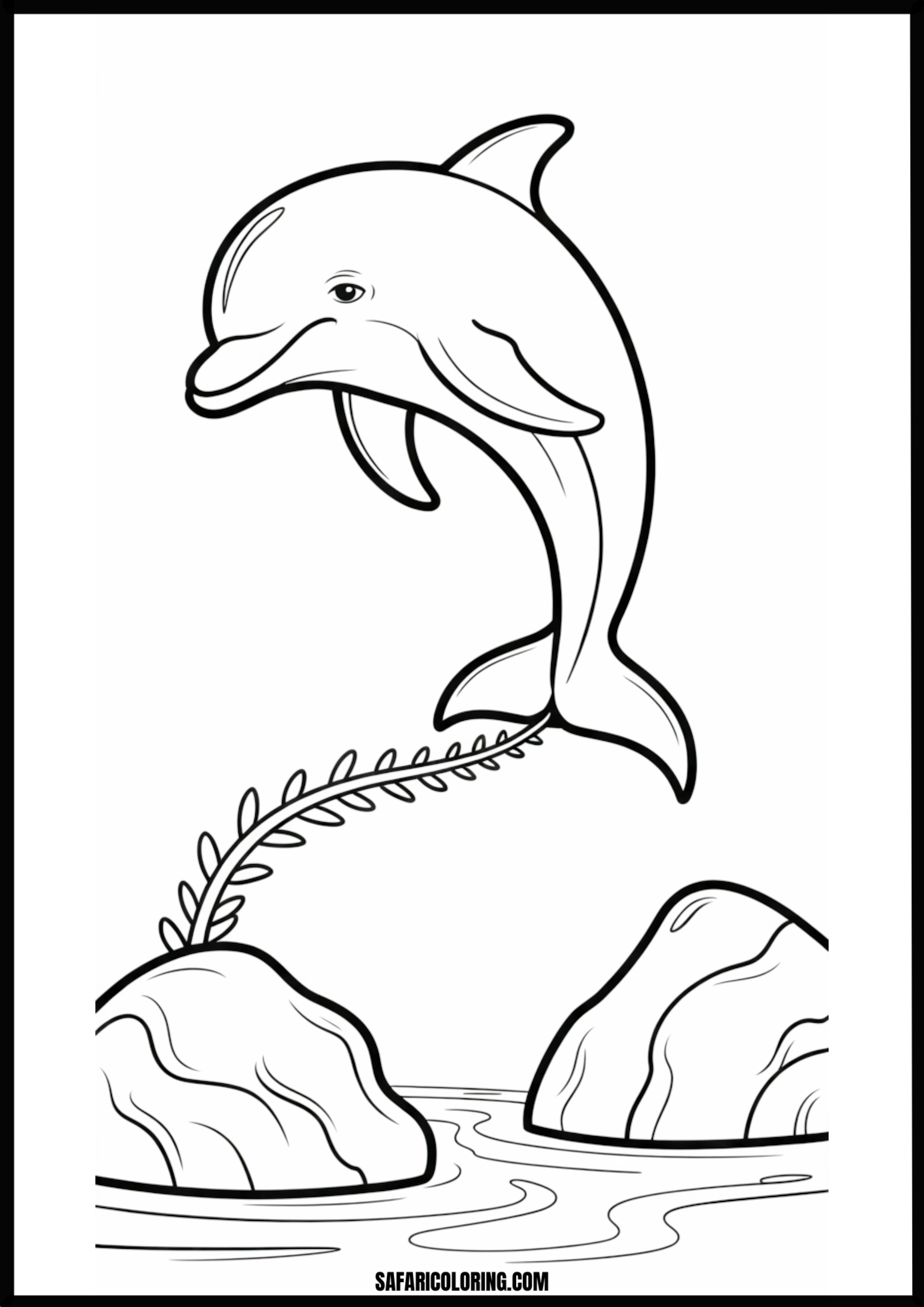 Dolphin Jumping Over Rocks Coloring Sheet Dolphin gracefully jumping over ocean rocks