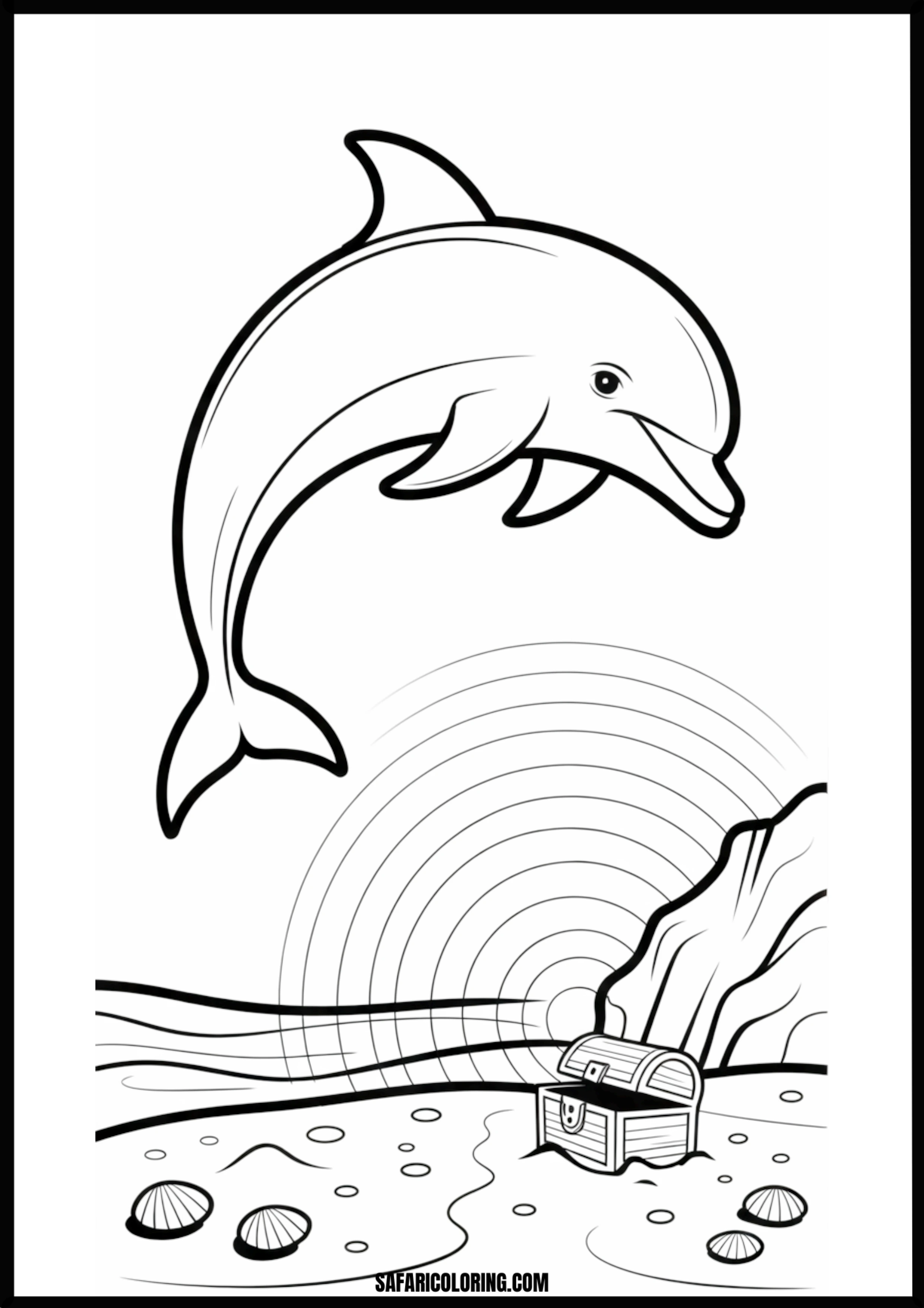 Dolphin Jumps Over Treasure at Sunset Coloring Dolphin jumping over a treasure chest at sunset