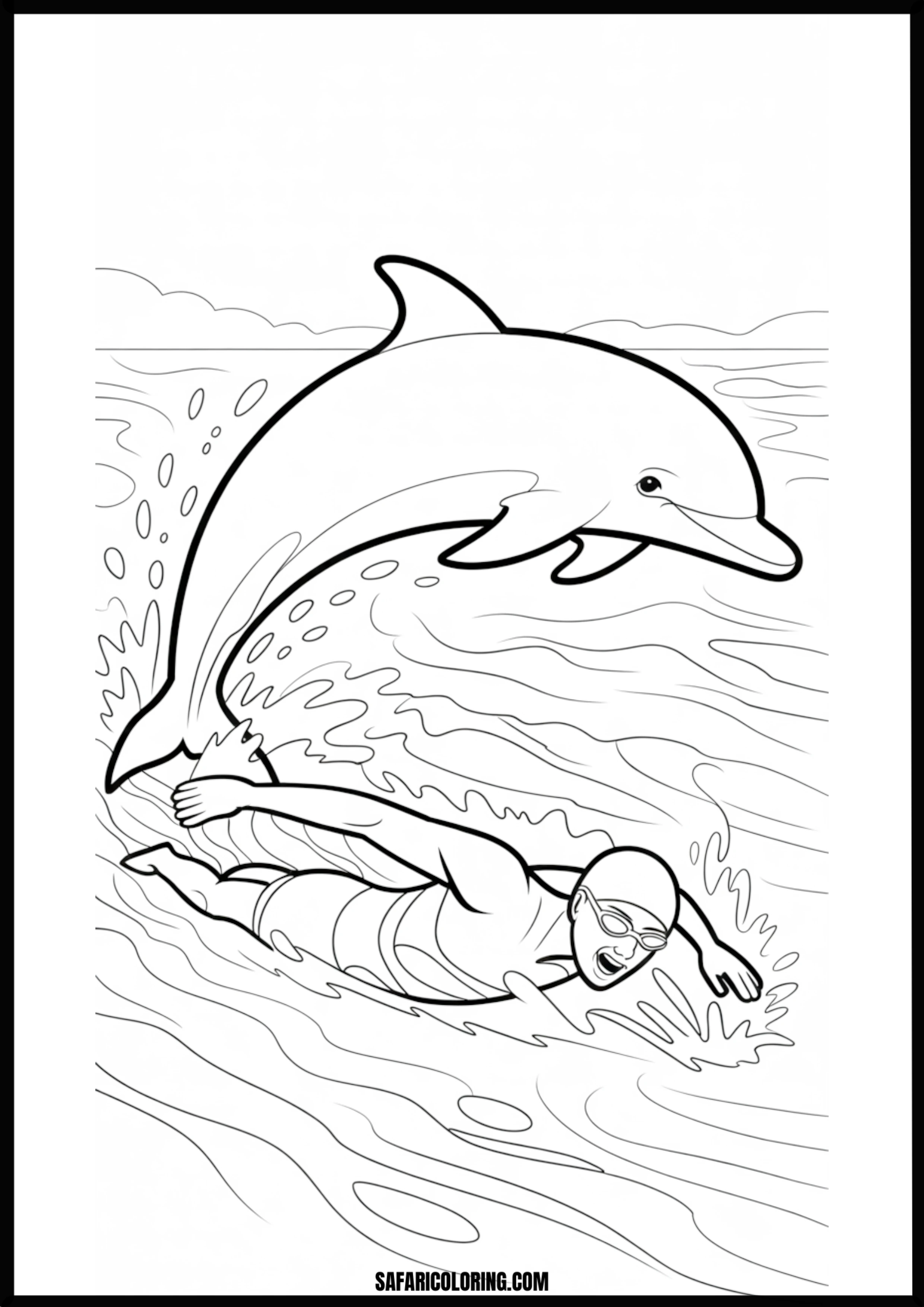 Dolphin and Swimmer Jumping Coloring Page Dolphin jumping next to a swimmer in the ocean