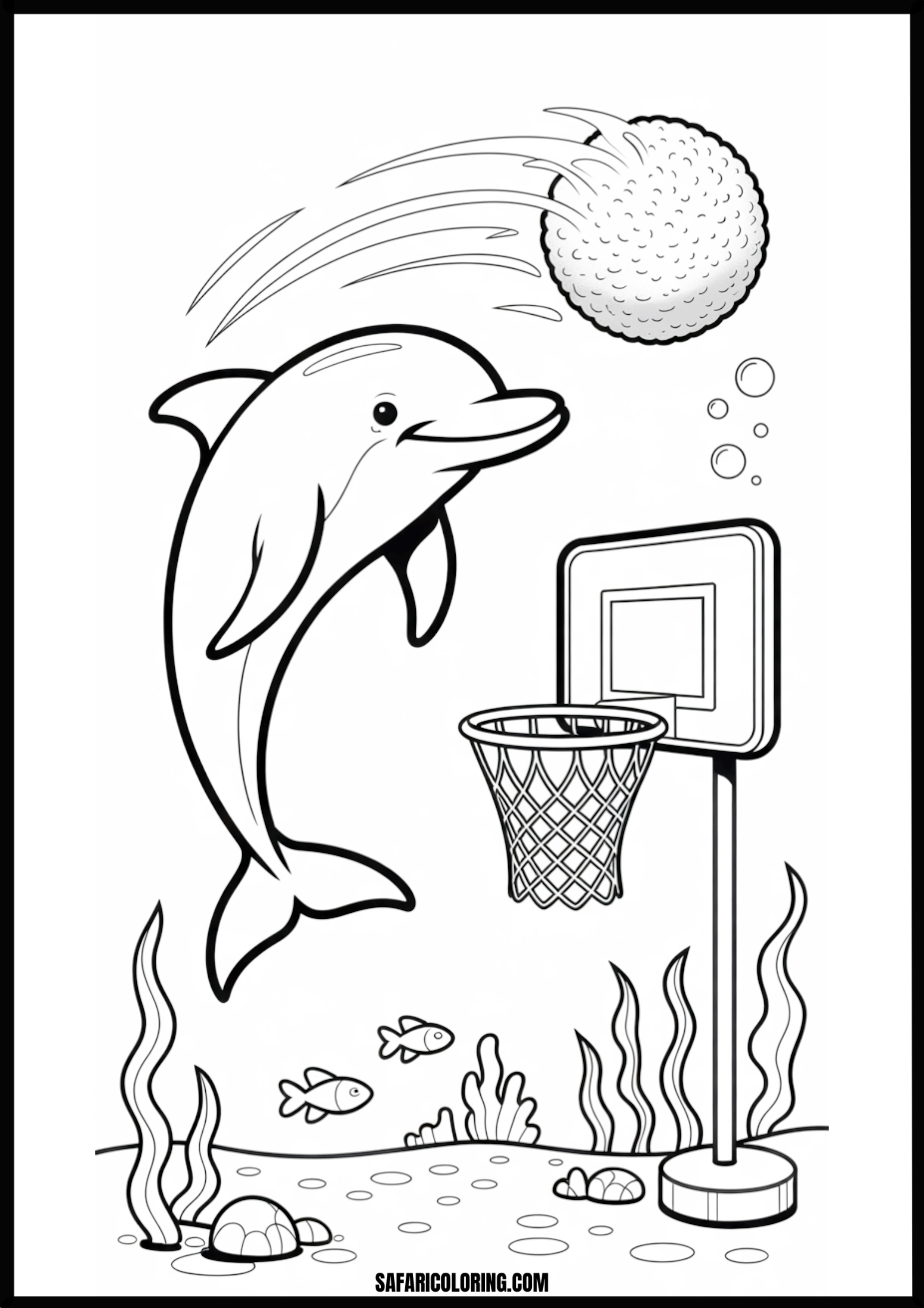 Dolphin Underwater Basketball Coloring Dolphin playing basketball underwater with marine friends